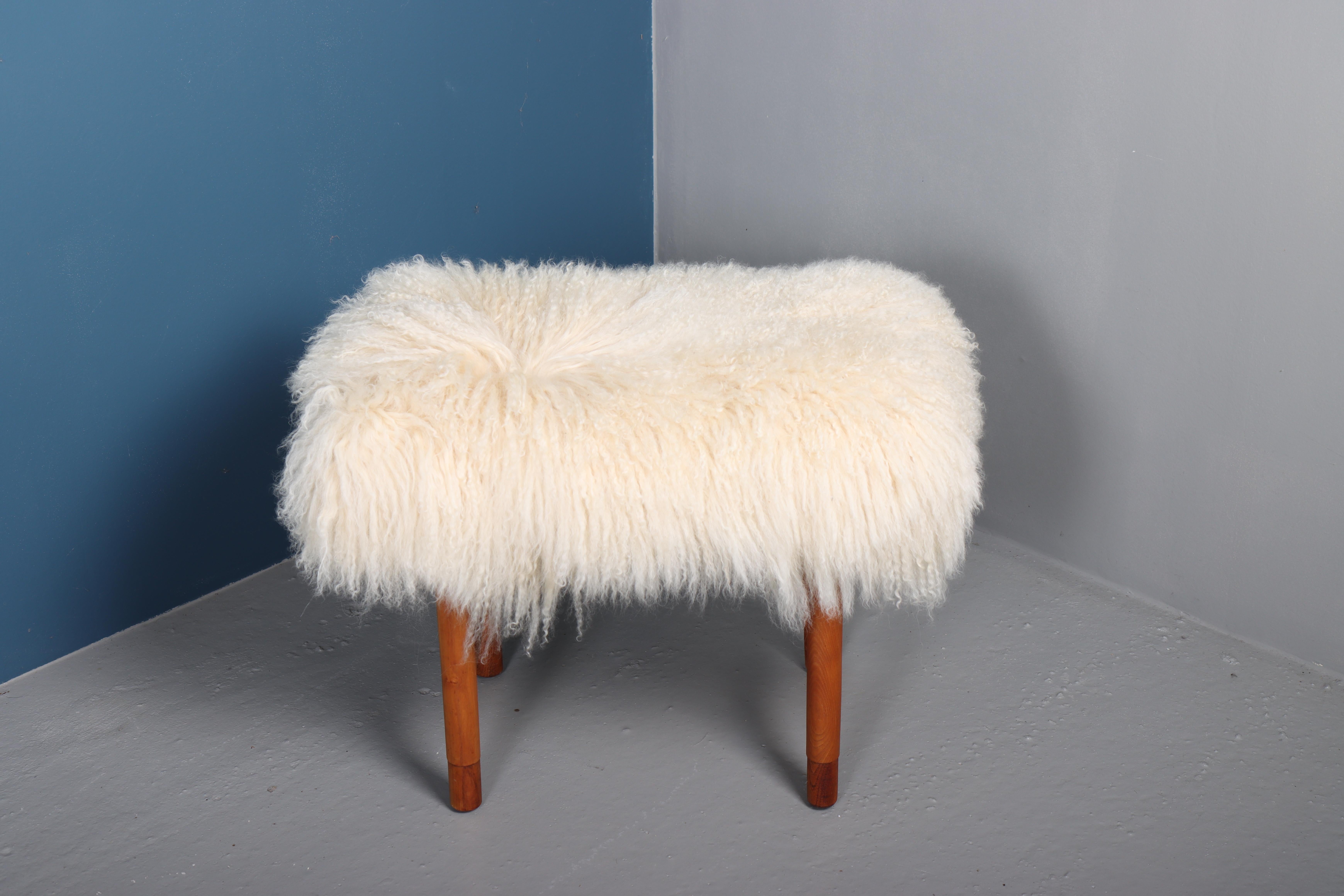 Danish Stool with Sheepskin, Made in Denmark, 1950s For Sale