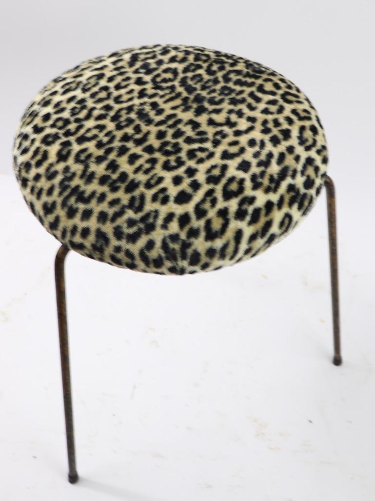 Mid-Century Modern Stool with Wrought Iron Legs and Leopard Upholstered Top