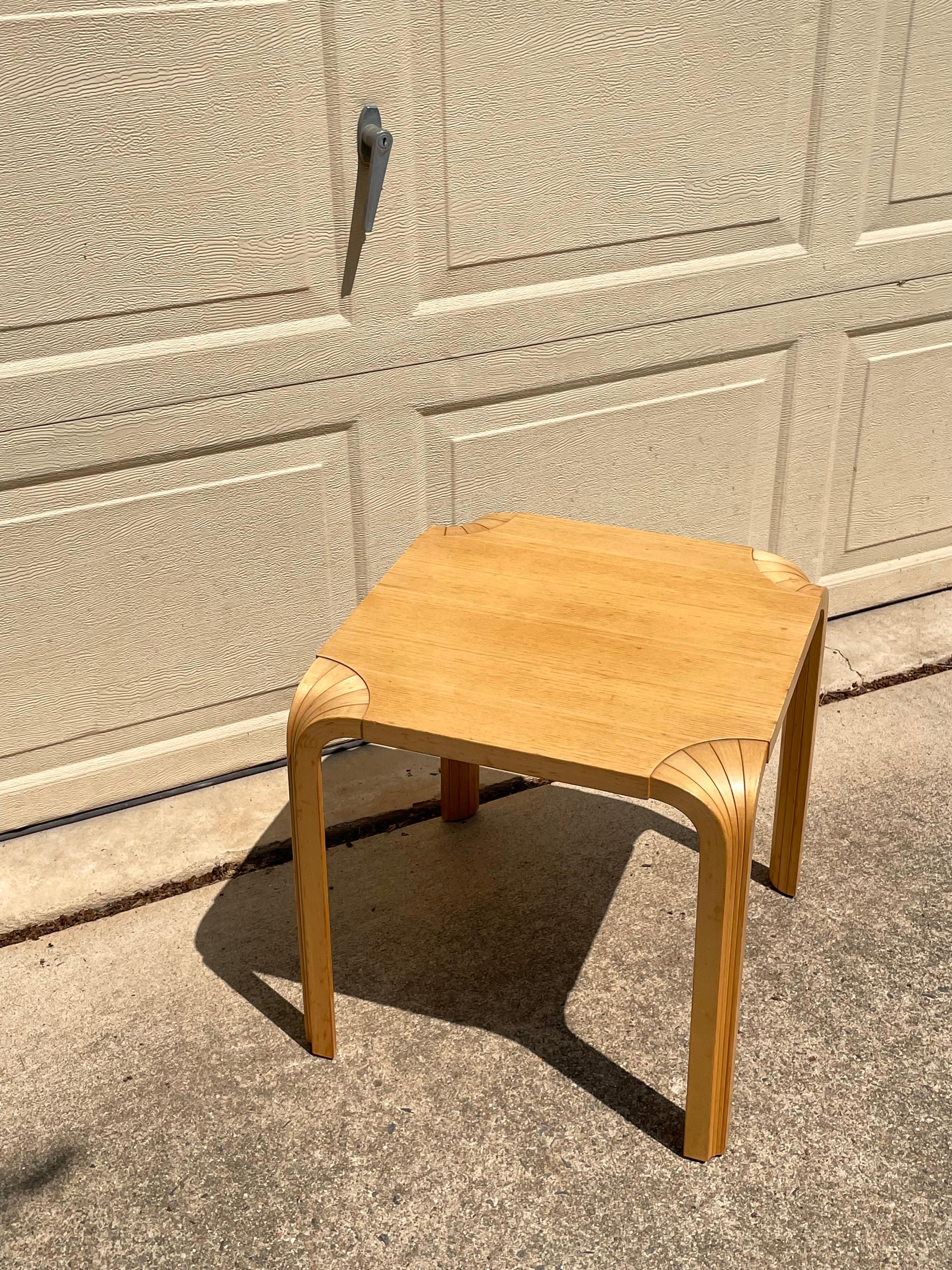 This stool was designed by Alvar Aalto in 1954 and features his impressive X-Leg design. 
X-Legs are created from splitting the traditional L-Leg in a longitudinal direction and re-connecting the pieces to create an intricate fan-like design.