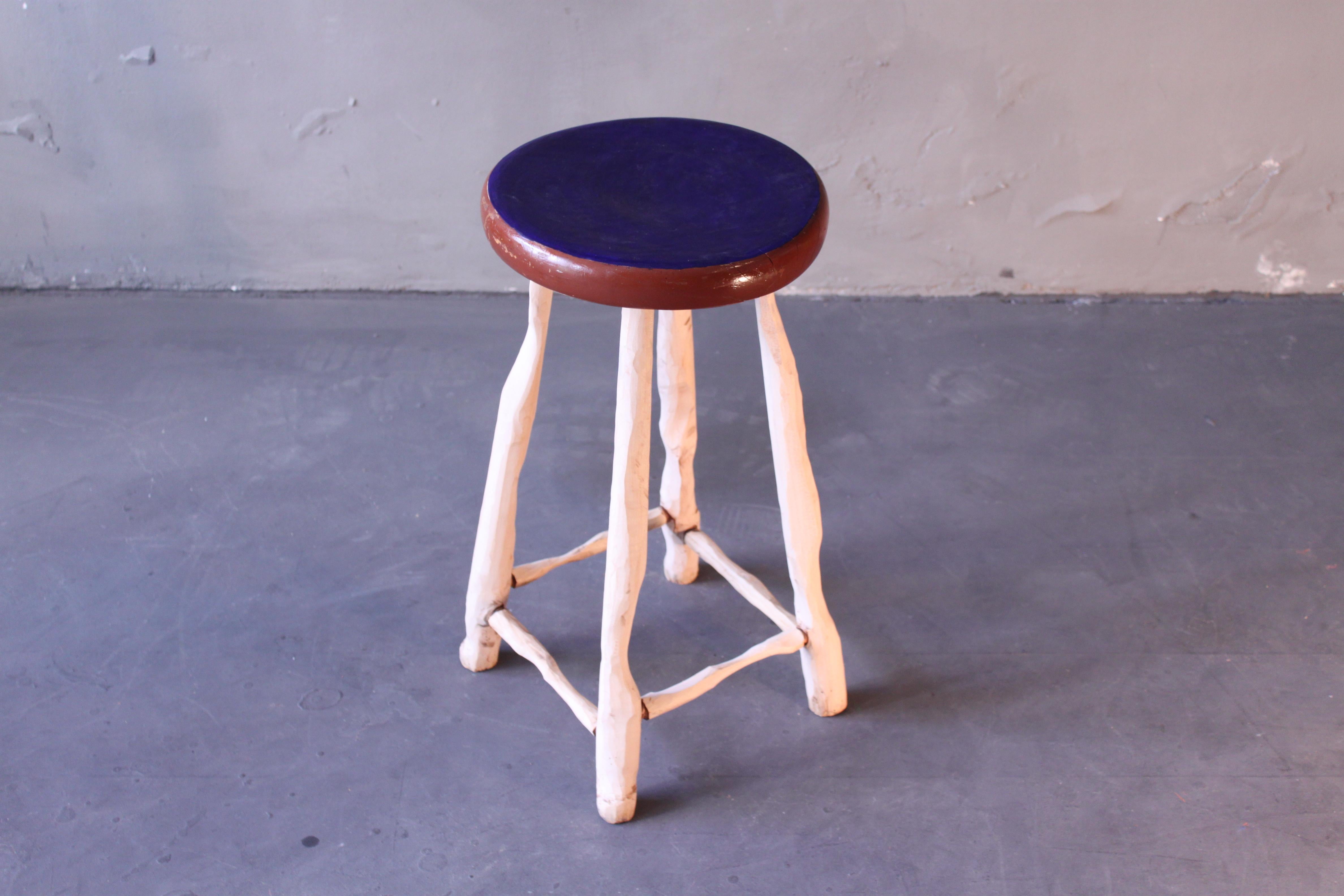 High stool, re-shaped and painted. This piece has turned from a typical 1930s work stool to a functional art piece.
 
• born 1964 in Aschaffenburg, Germany
• since 1986 active as a visual artist 
• since 1989 national and international