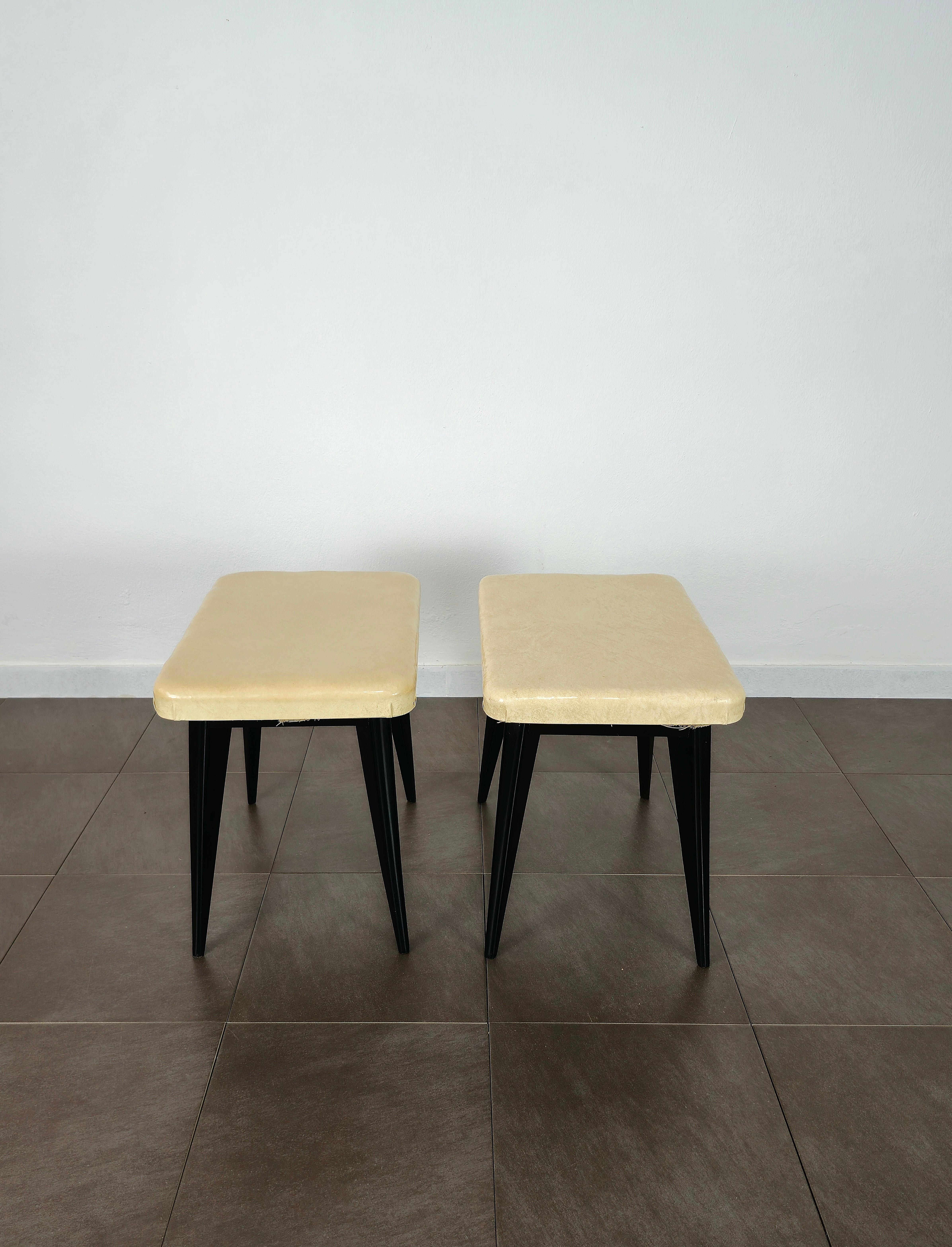 Italian Stools Attributed to Ico Parisi Wood Fabric Midcentury Italy 1950s Set of 2 For Sale