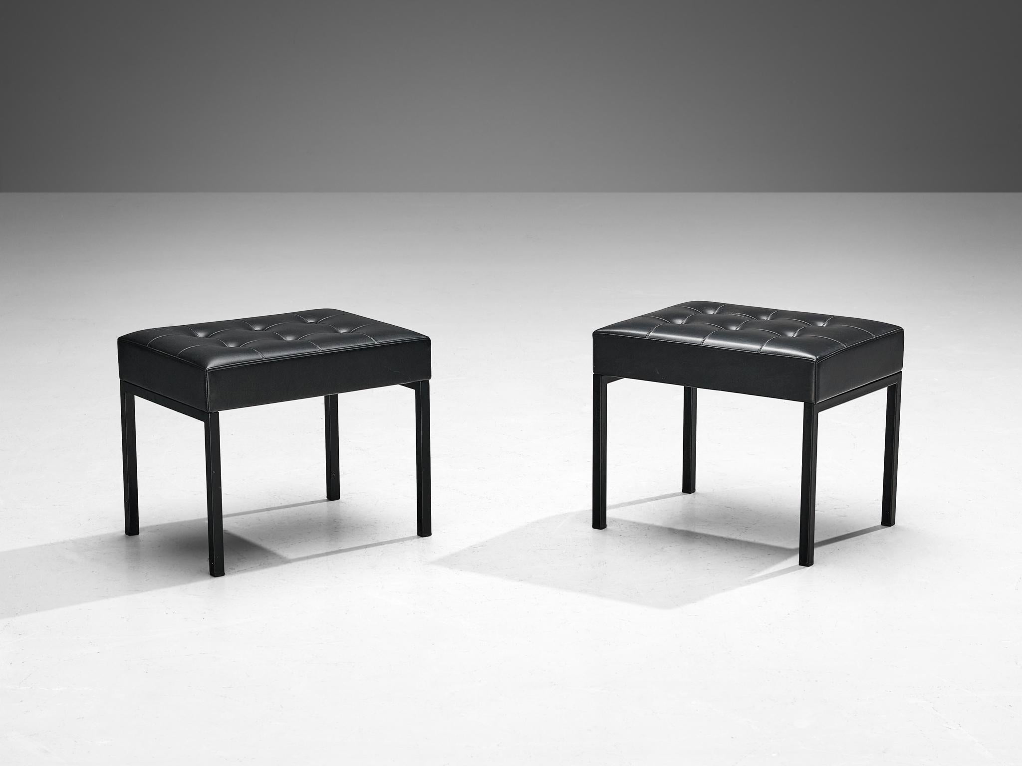 Stools or ottomans, metal, leatherette, Europe, 1960s

A sleek pair of stools made in Europe in the 1960s. This midcentury modern design is a wonderful addition to any interior, due to its minimalist aesthetic. The stool is equipped with a tufted