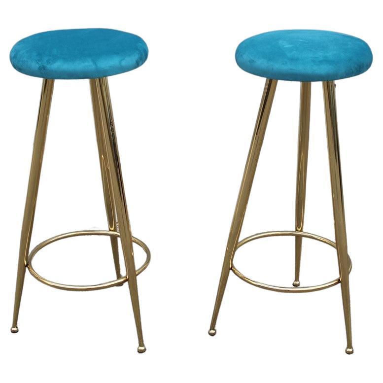 Tabourets italiens du milieu du siècle en laiton doré et velours doré style Gio Ponti des années 1950