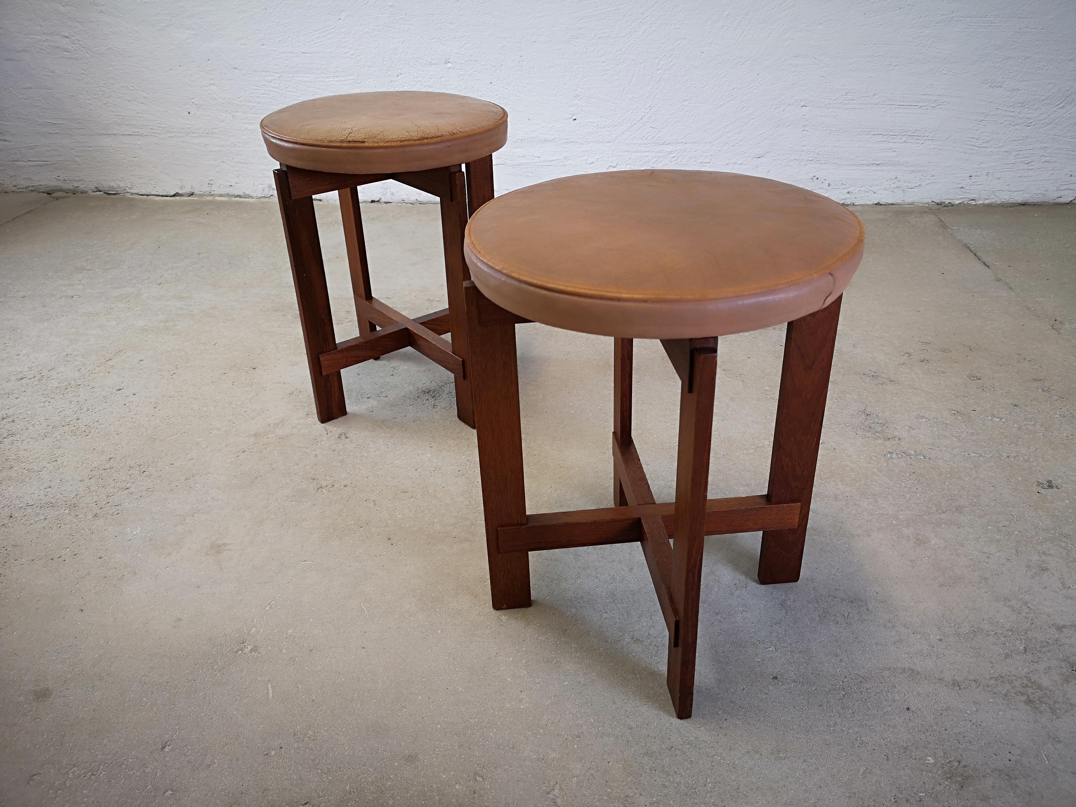 Swedish Stools in Teak and Leather by Uno & Östen Kristiansson for Luxus, Sweden, 1950s