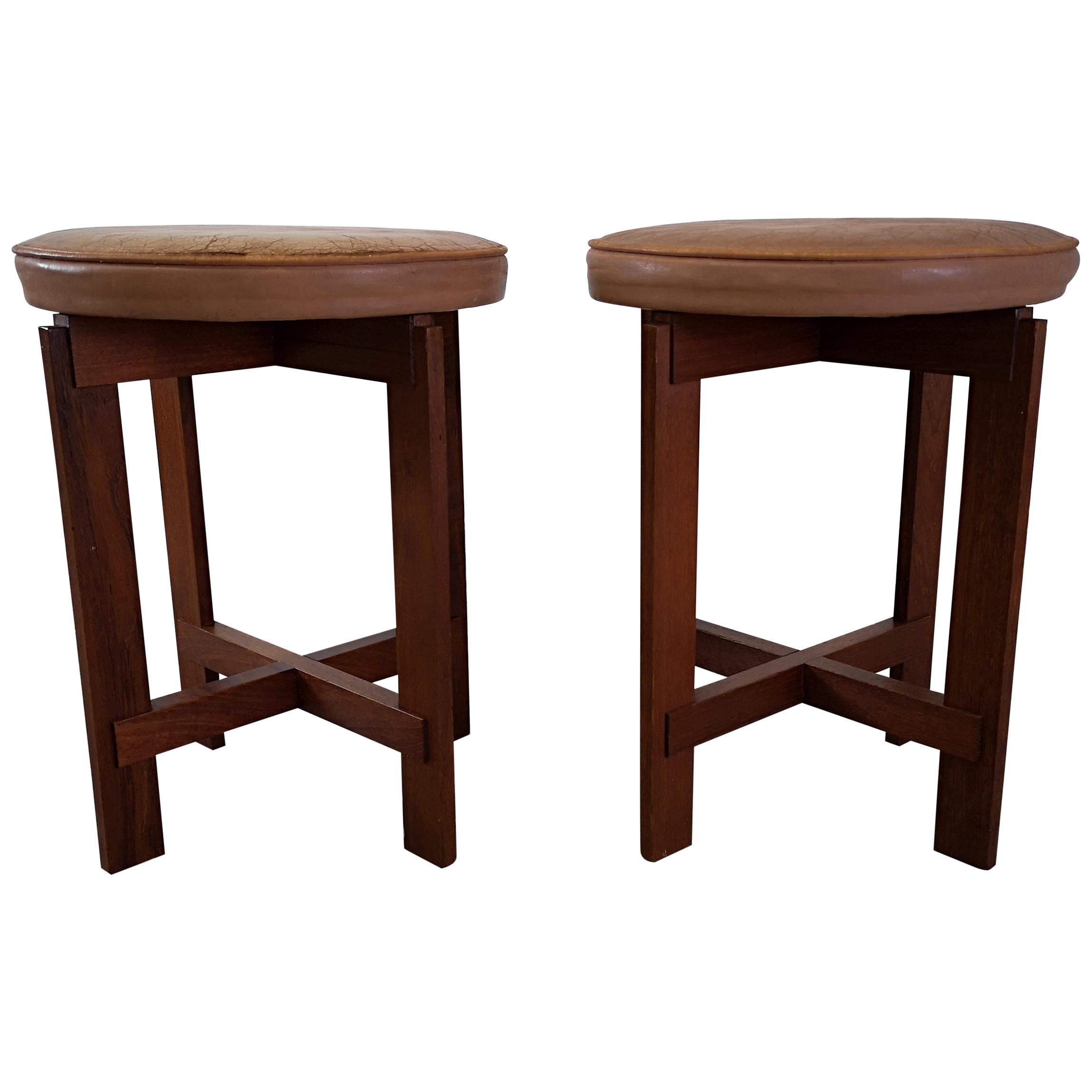 Stools in Teak and Leather by Uno & �Östen Kristiansson for Luxus, Sweden, 1950s