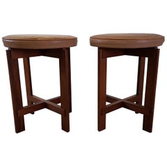 Stools in Teak and Leather by Uno & Östen Kristiansson for Luxus, Sweden, 1950s