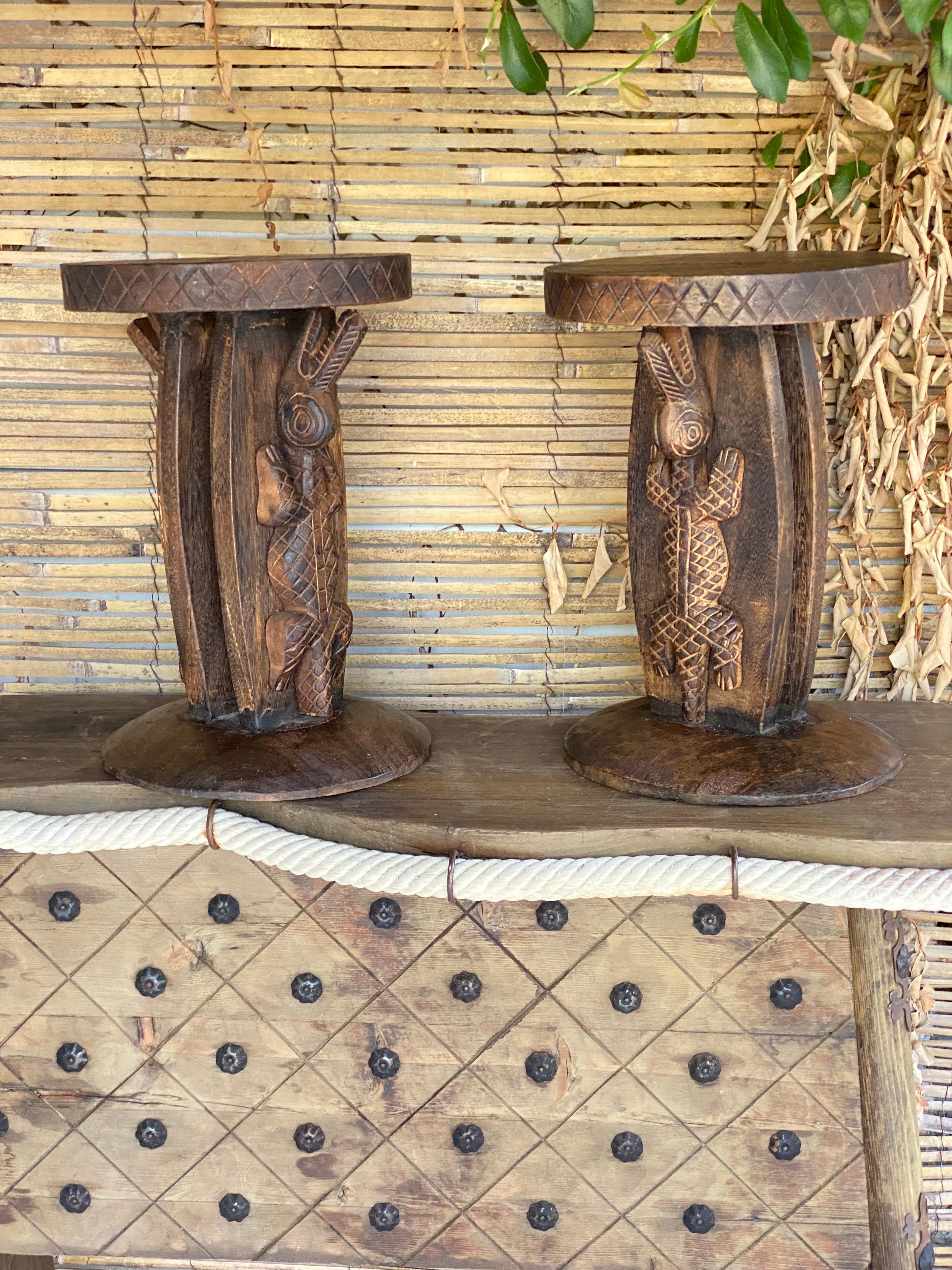 Stools in Wood with Carved Details, African Style Vintage, Set of 2 4