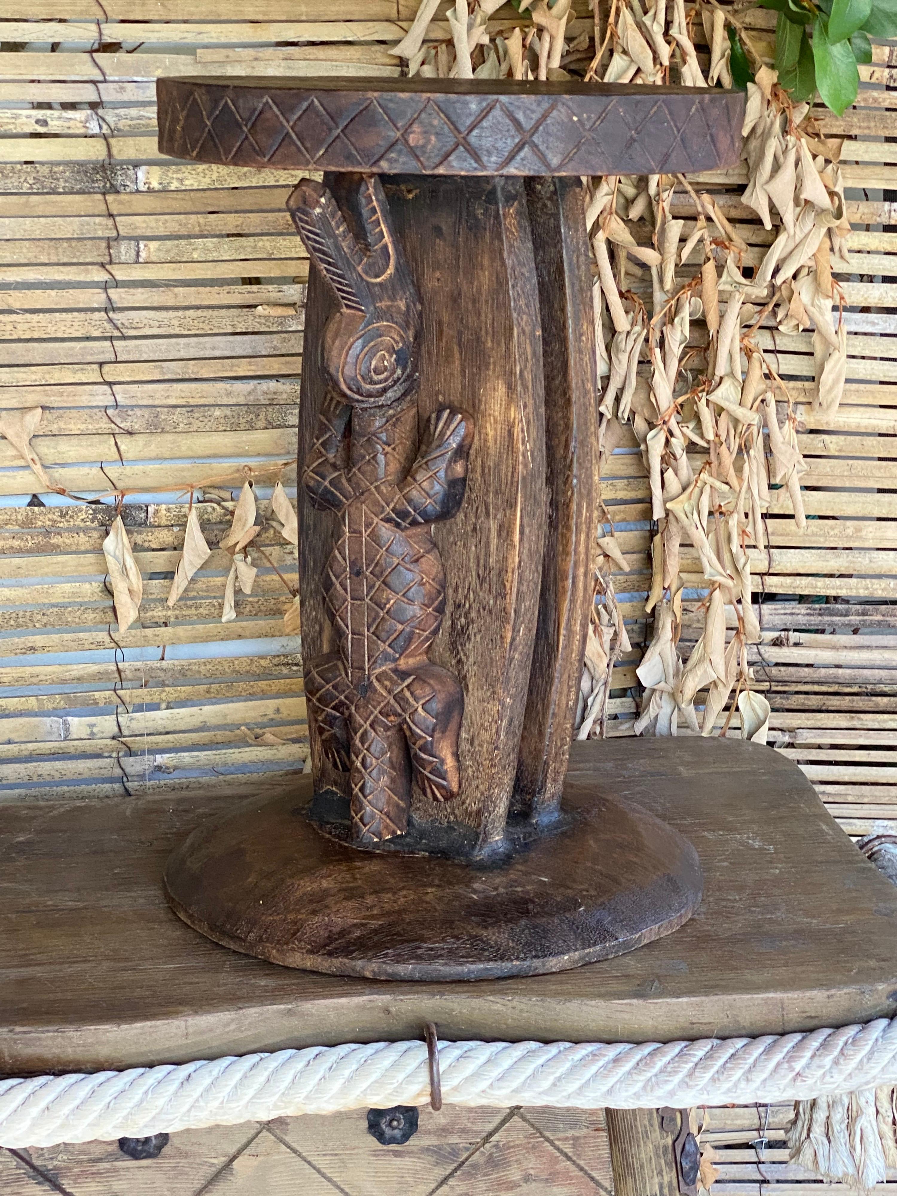 Beninese Stools in Wood with Carved Details, African Style Vintage, Set of 2