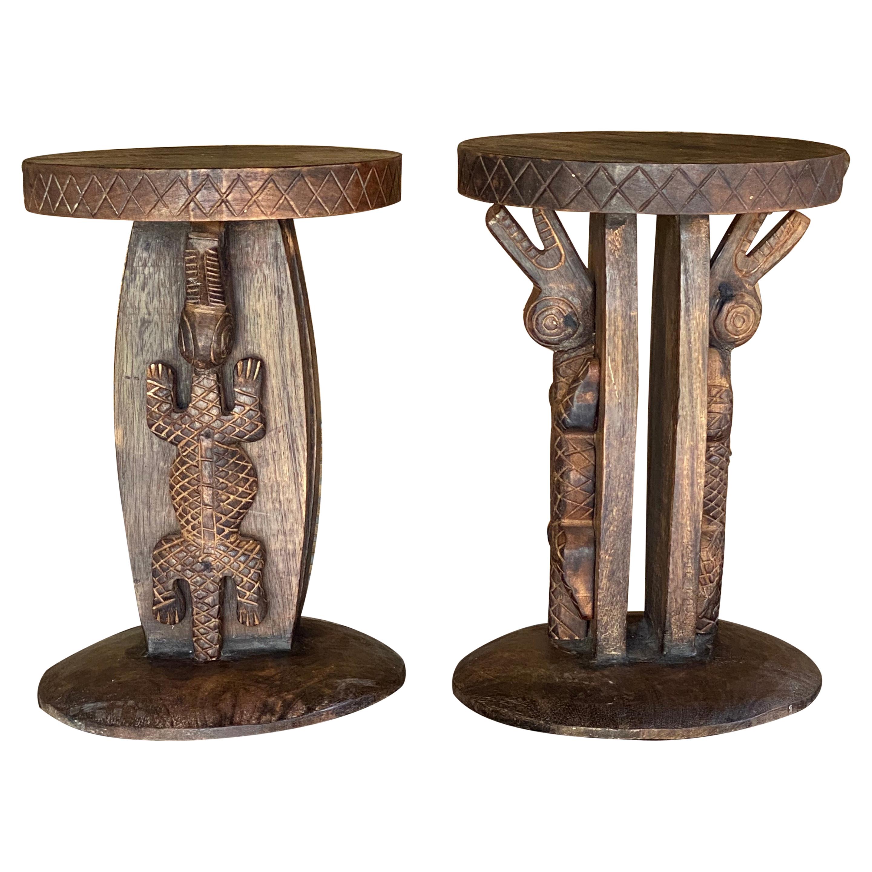 Stools in Wood with Carved Details, African Style Vintage, Set of 2