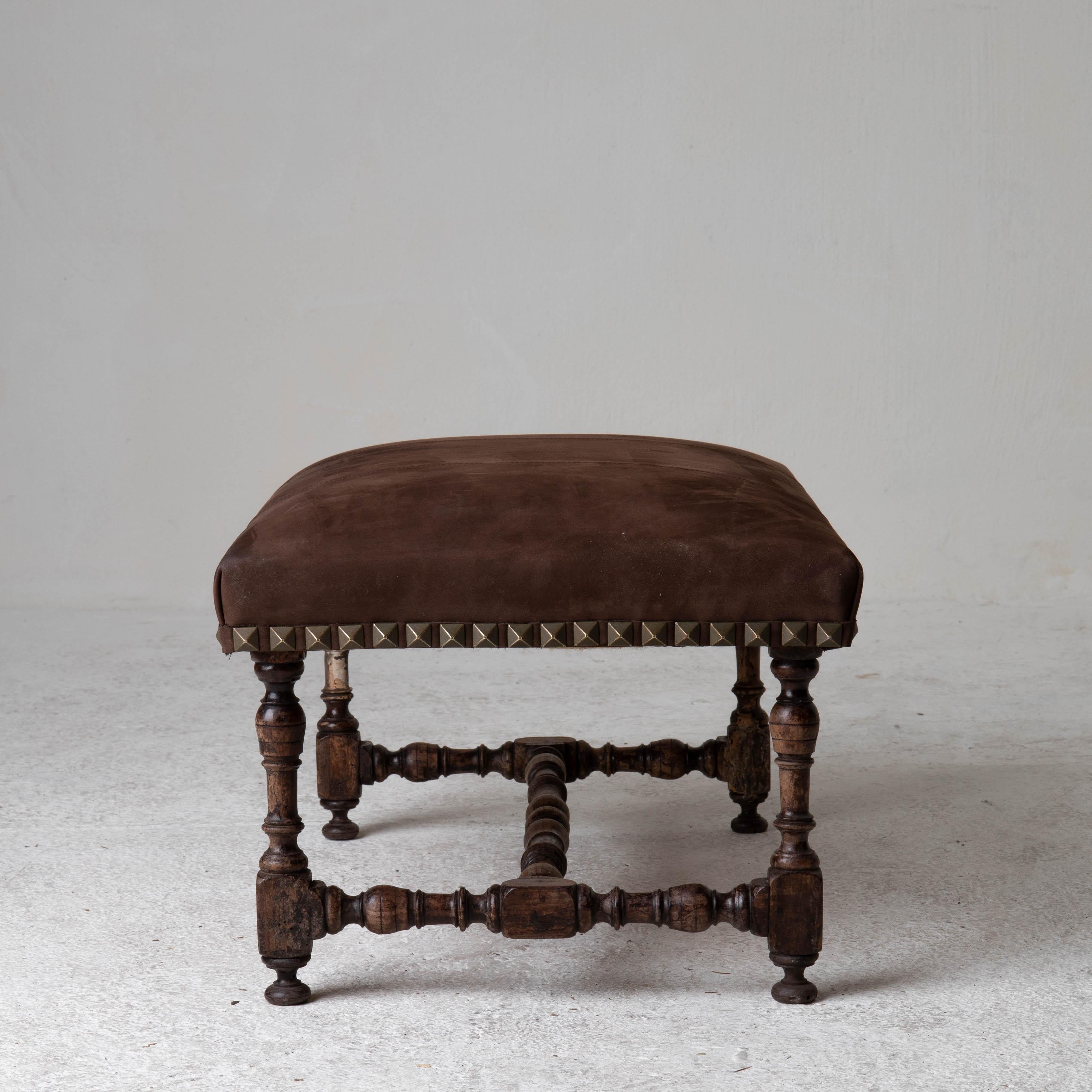 18th Century Stools Pair European Baroque Period Dark Brown Suede Europe