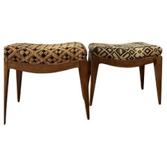 Stools (pair) in beech wood with raffia Kuba cloth