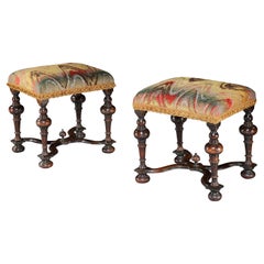 Stools Pair Walnut William 
Mary X-Stretcher Mushroom Bargello Flame