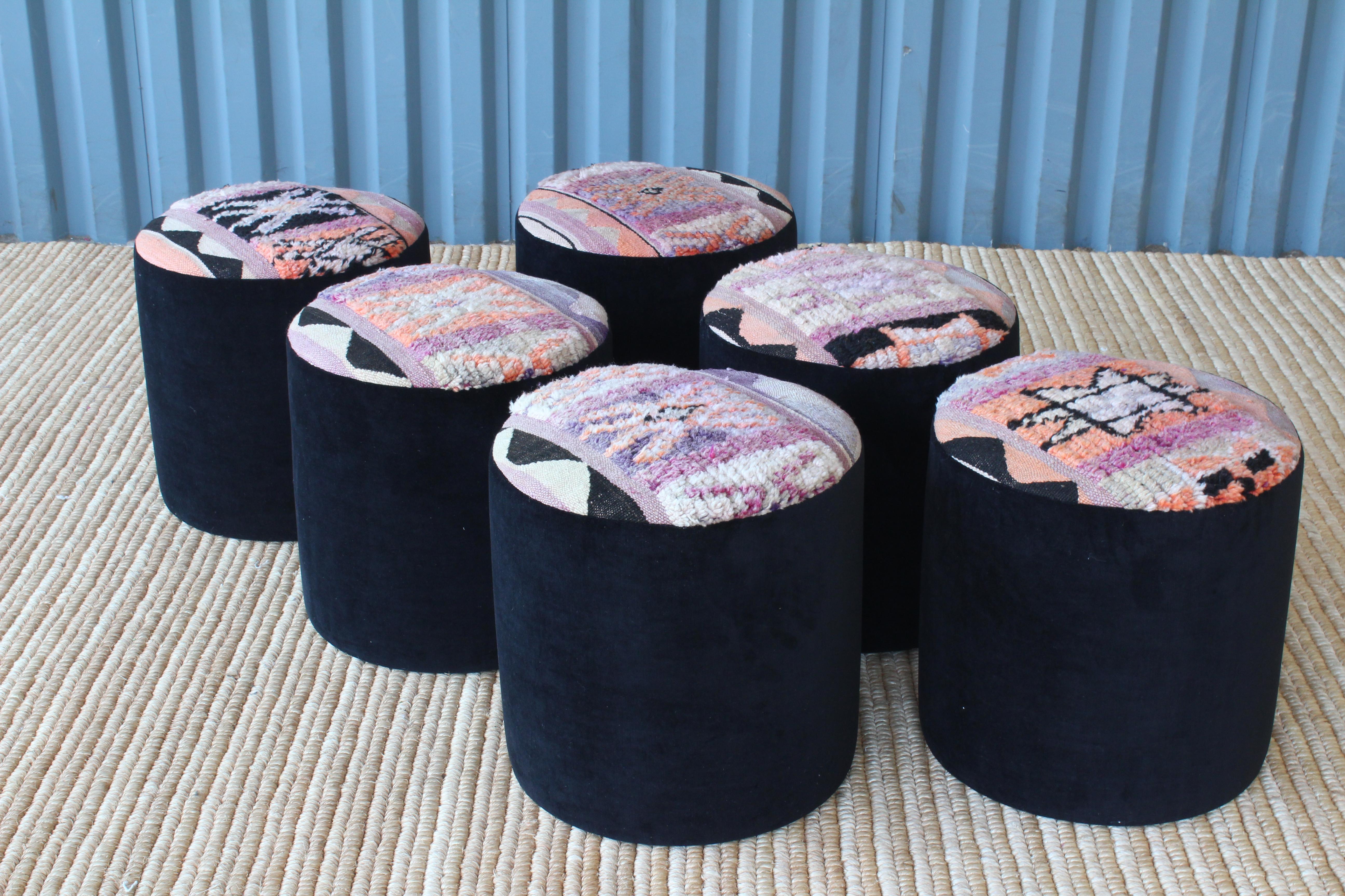 American Stools Upholstered in a Vintage Moroccan Rug. Four Remaining.