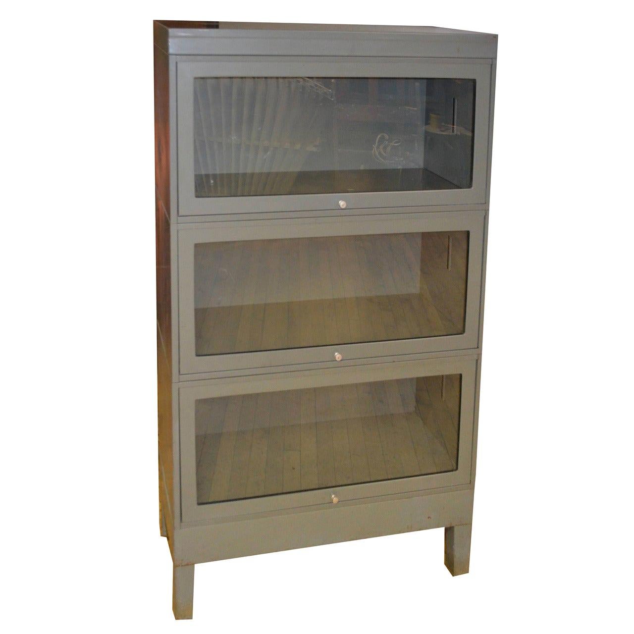 Storage Barrister Cabinet / Bookcase Three-Section Grey Steel with Glass Front