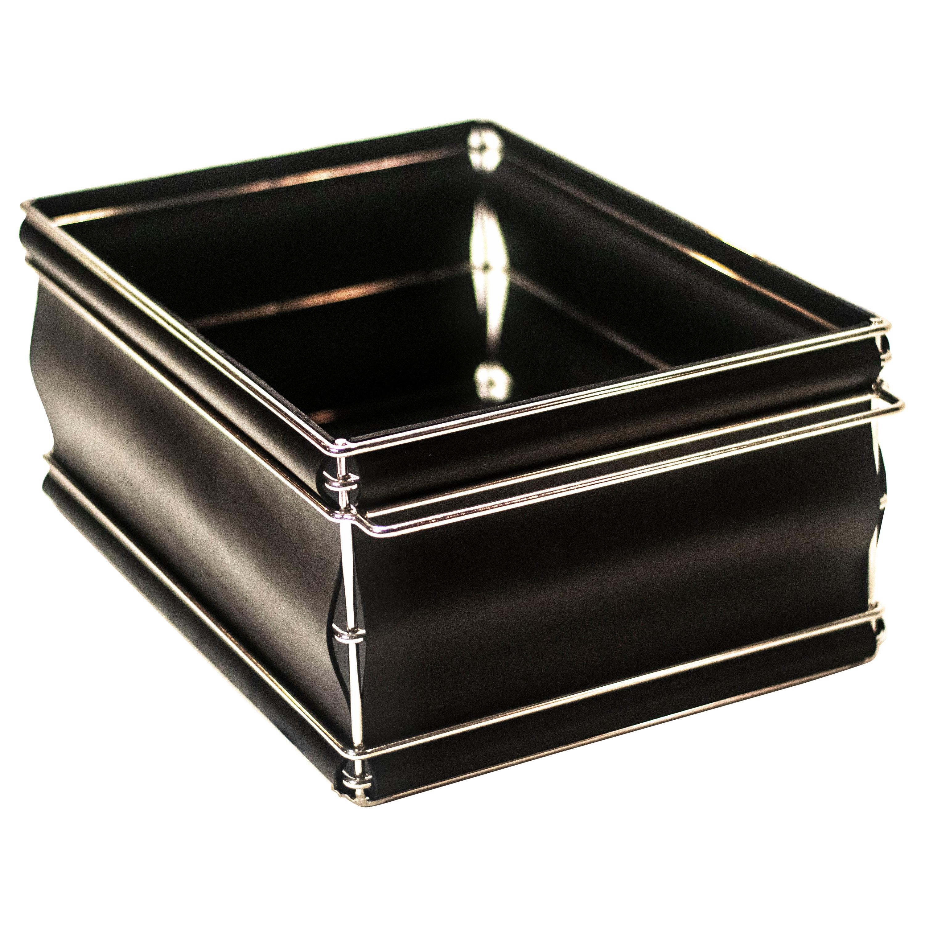 Storage Bins in Nickel Plated Steel Wire and Leather (Black) For Sale