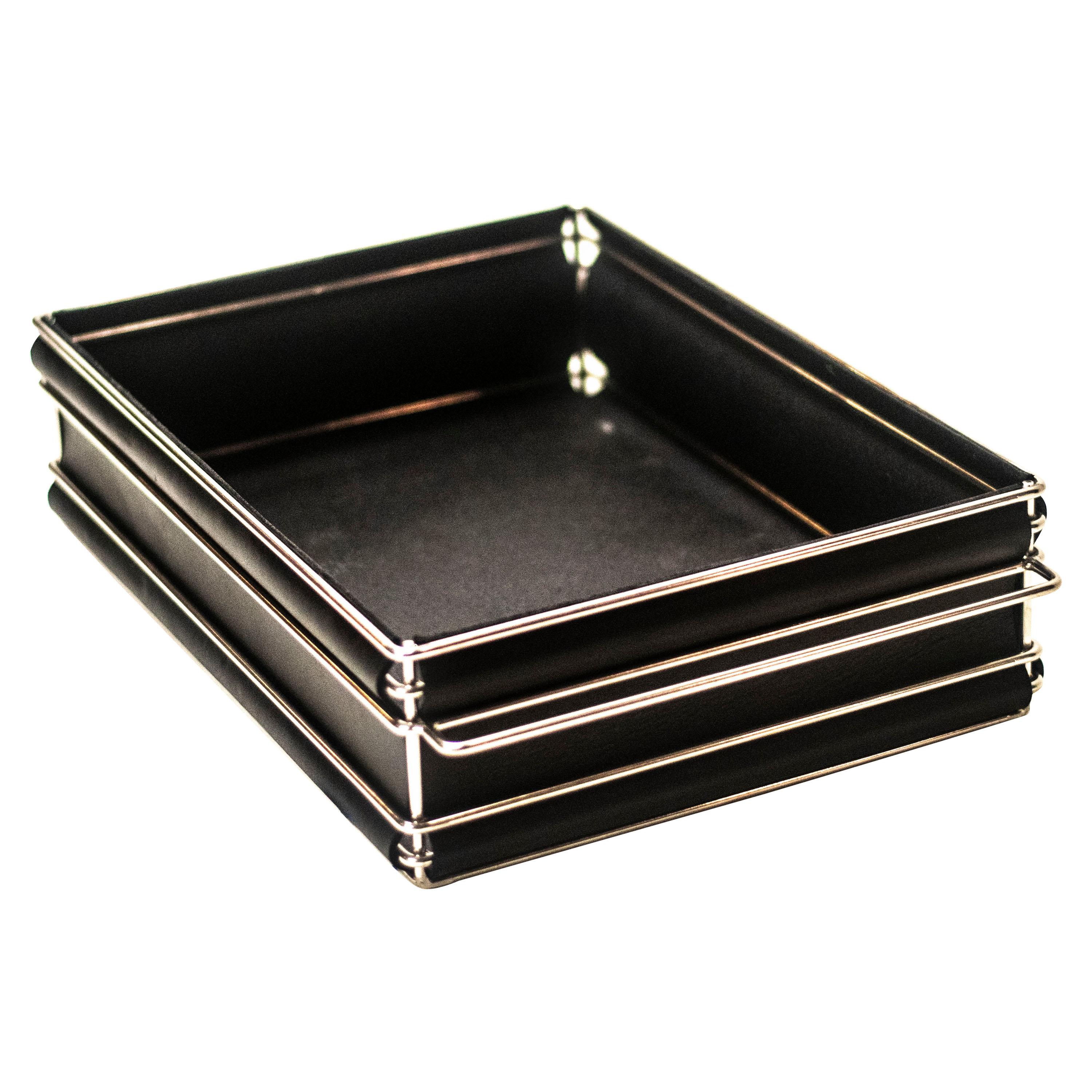 Storage Bins in Nickel-Plated Steel Wire and Leather (Black) For Sale