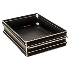 Storage Bins in Nickel-Plated Steel Wire and Leather (Black)