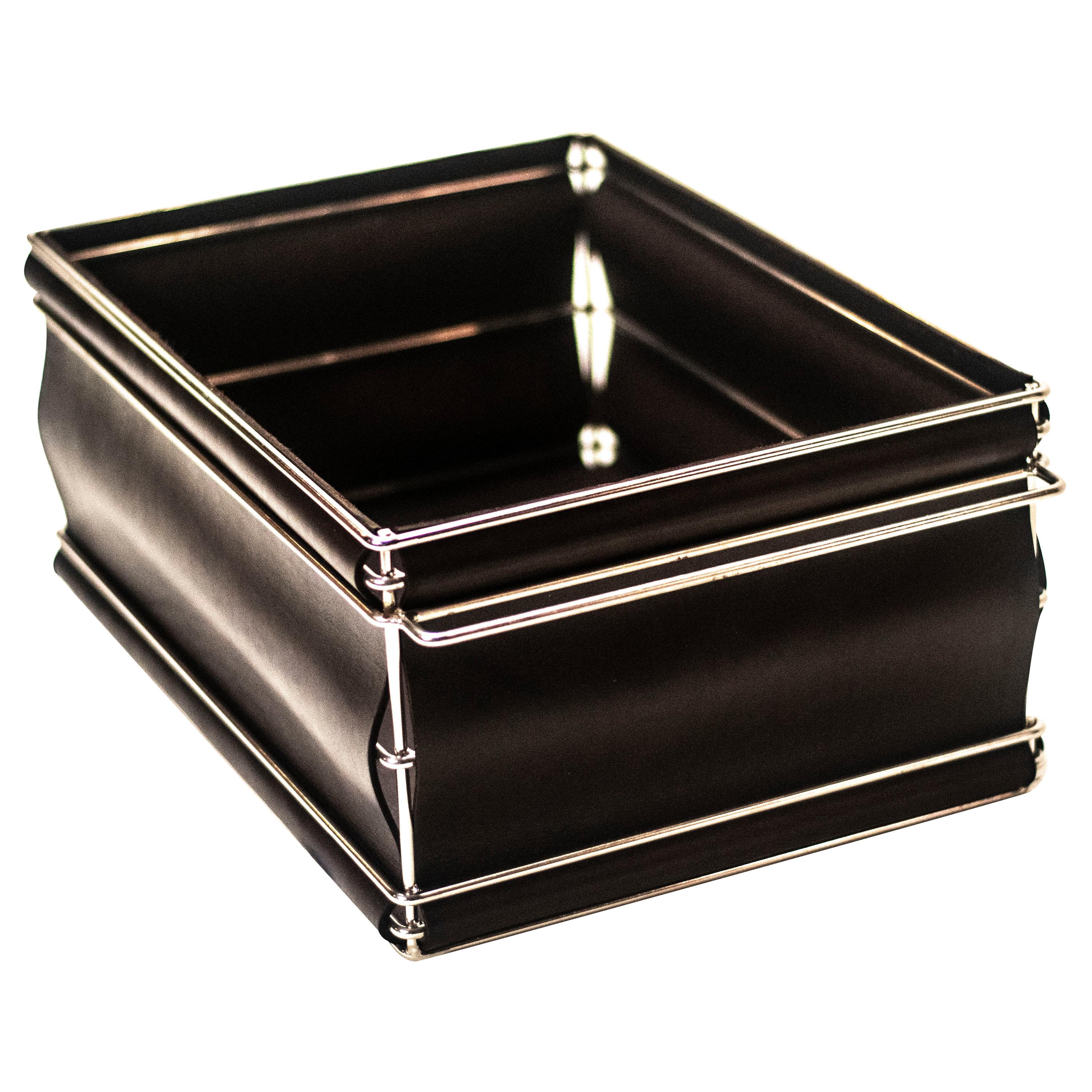 Storage Bins in Nickel Plated Steel Wire and Leather (Dark Brown) For Sale