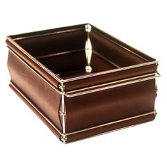 Storage Bins in Nickel-Plated Steel Wire and Leather (Medium Brown)