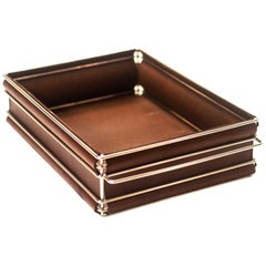 Storage Bins in Nickel Plated Steel Wire and Leather (Medium Brown)