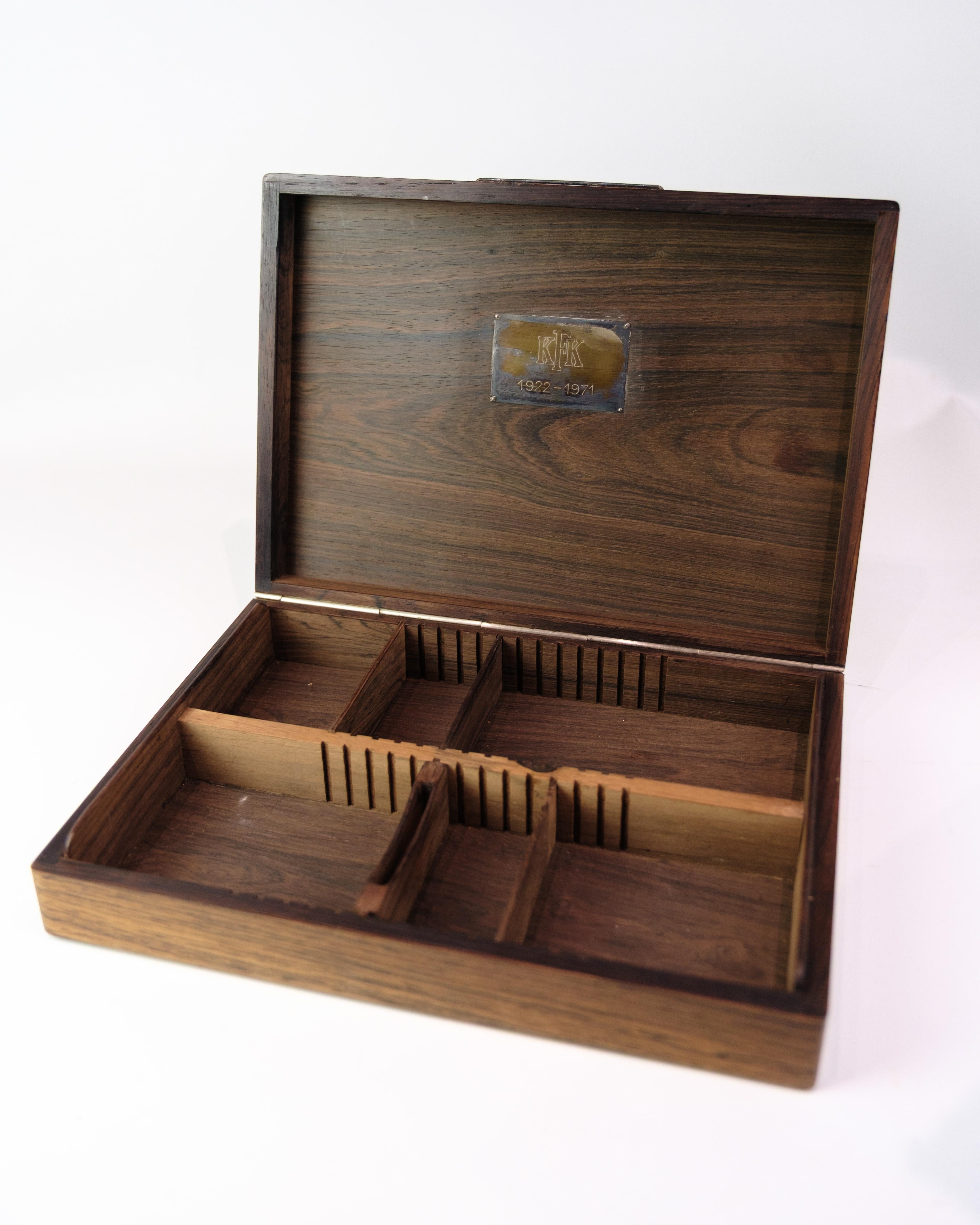 Danish Storage Box Made In Rosewood With Silver Inlay - KFK brand (1922‑1971) For Sale