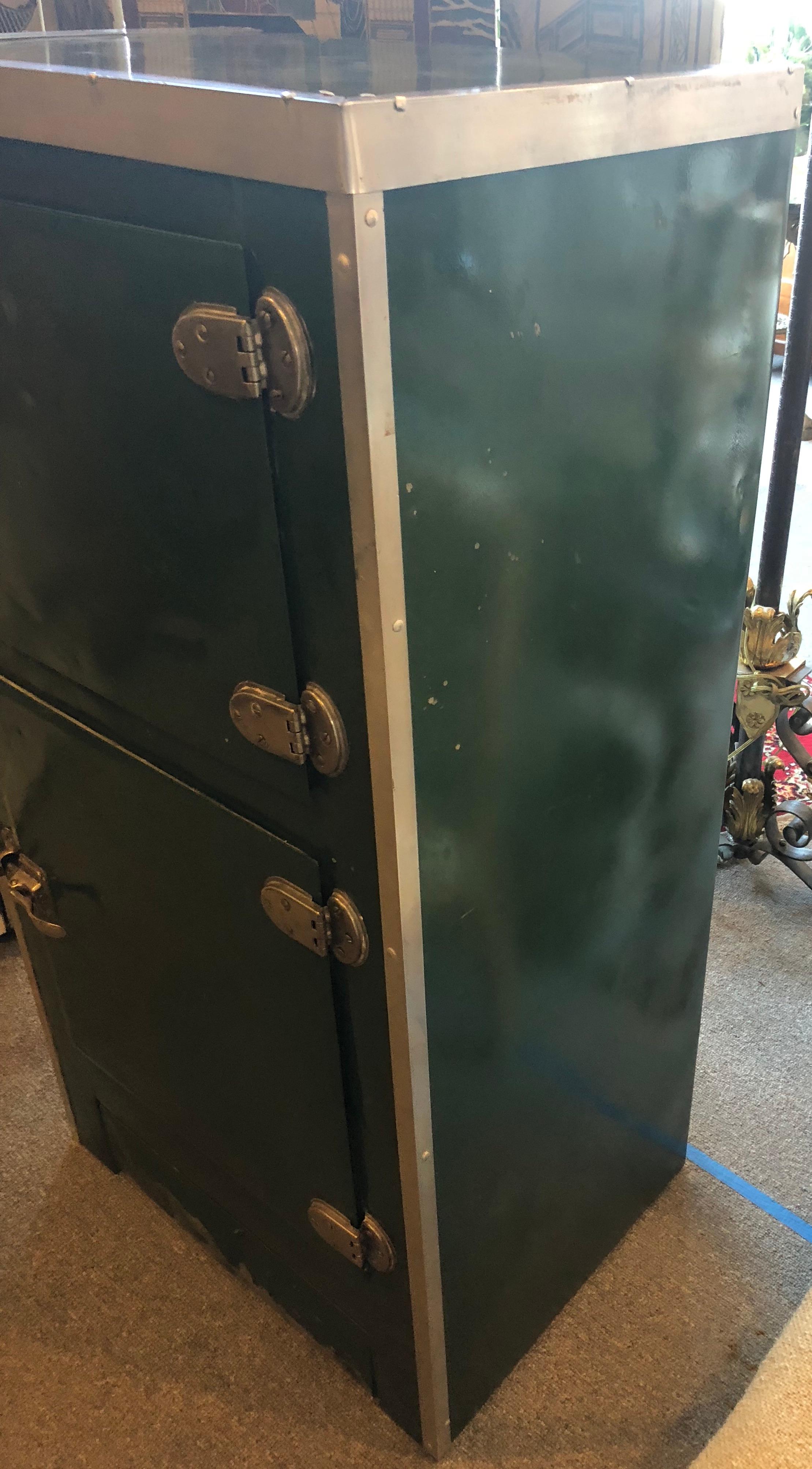 Industrial Storage Cabinet, Home Bar from 1930s Ice Box in Green Porcelain, Steel Accents, 