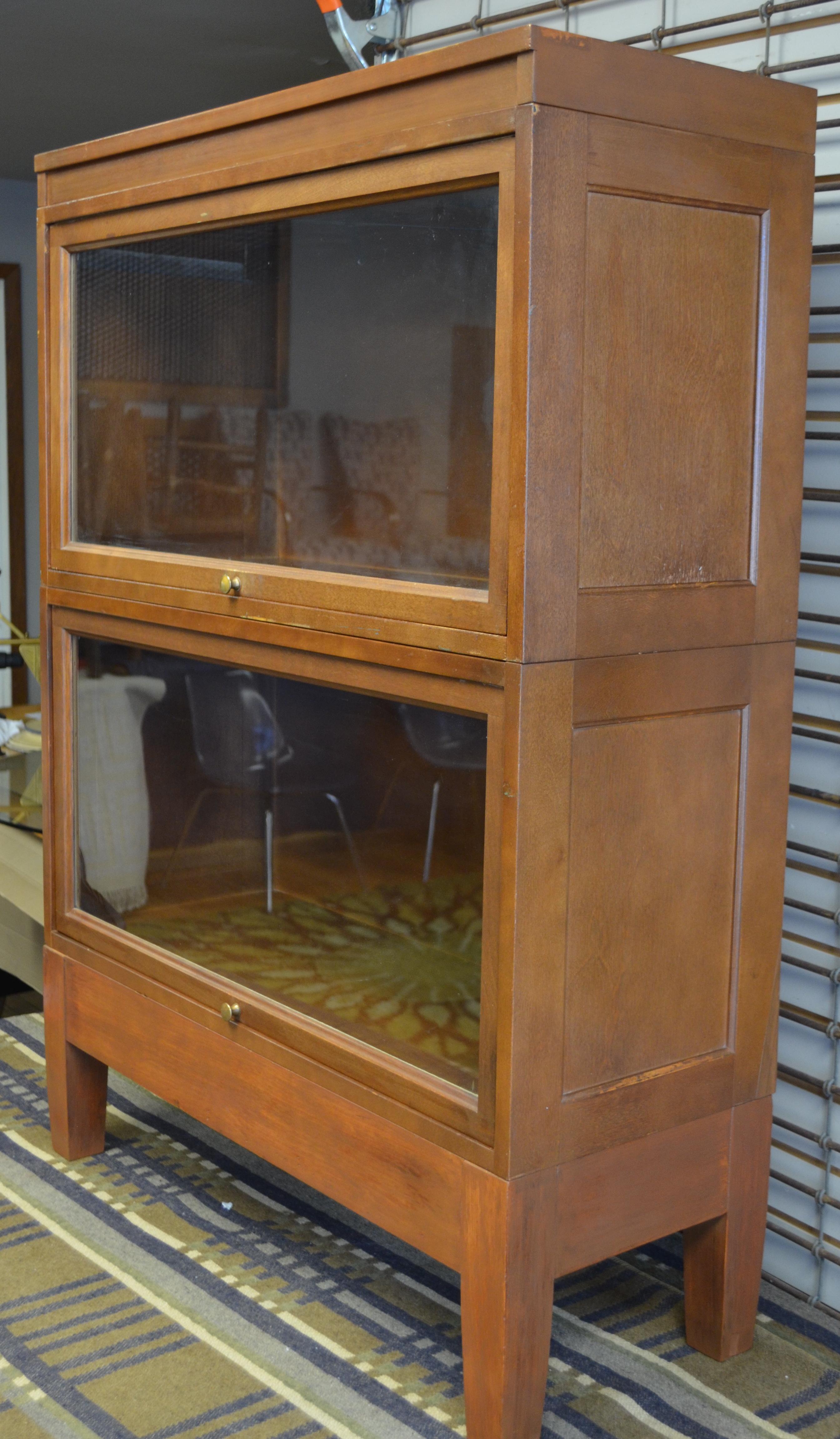 Mid-Century Modern Storage Cabinet Lawyer Barrister 2 Stacking Units with Retractable Glass Fronts