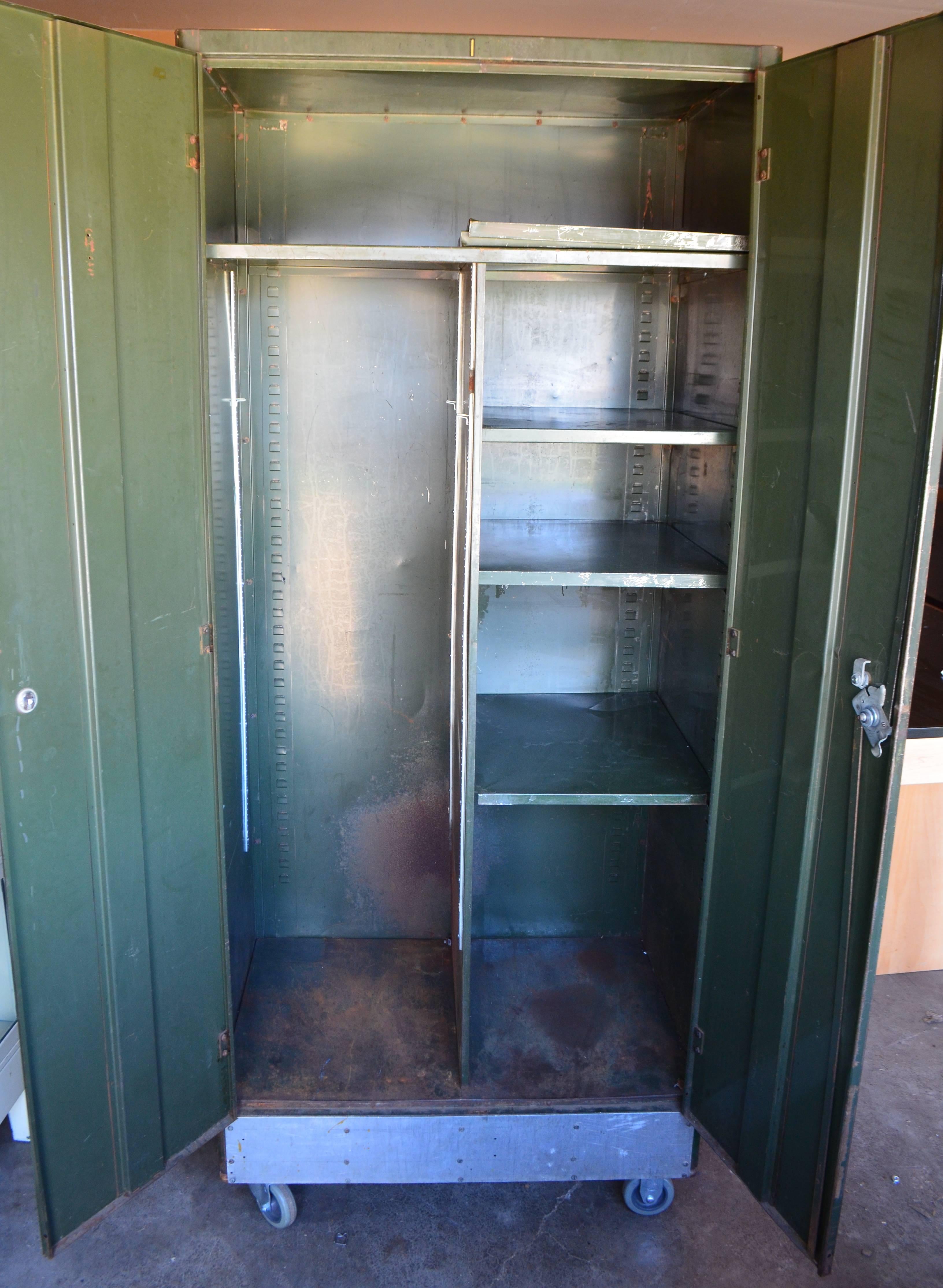 Storage Cabinet Vintage Steel Locker Unit of Steel on Wheels; shelves and closet 9