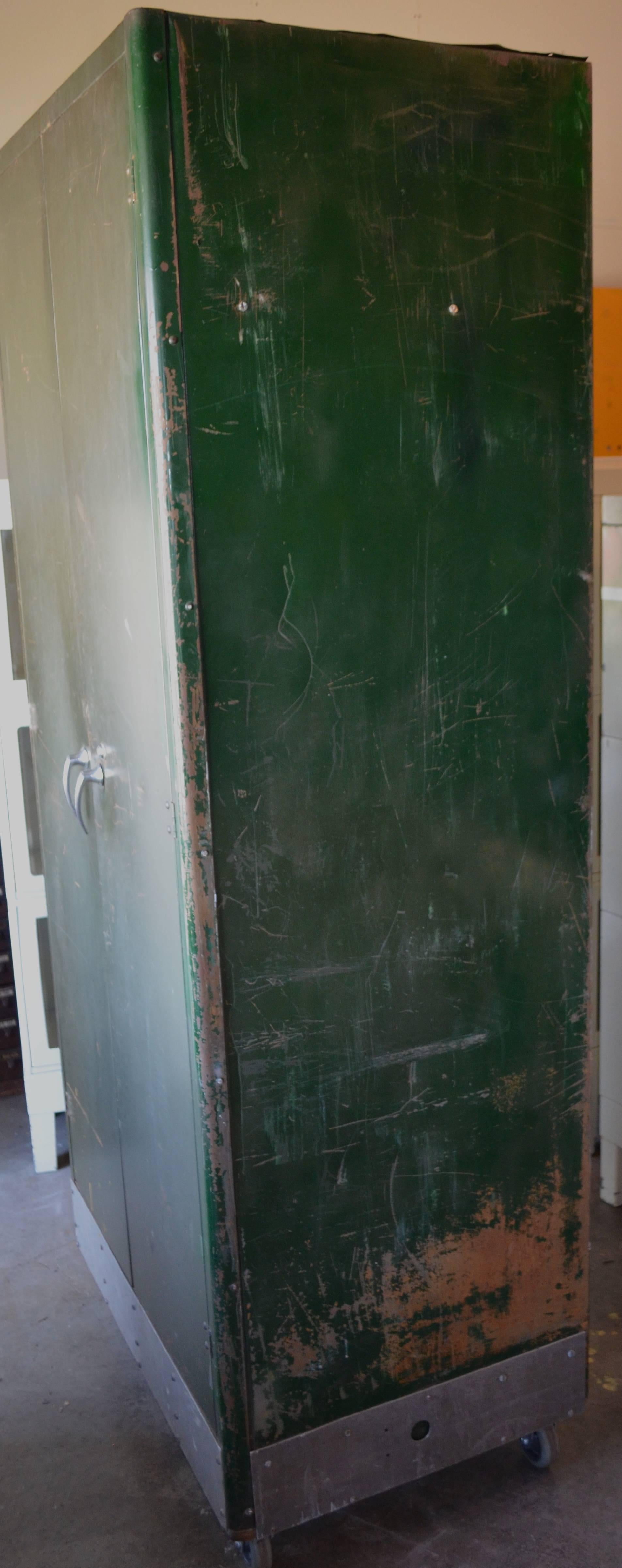 20th Century Storage Cabinet Vintage Steel Locker Unit of Steel on Wheels; shelves and closet