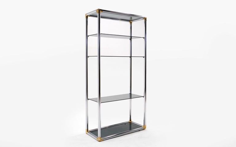 Hollywood Regency Storage / Display Etagere in Chrome and Brass with Smoked Glass Shelves For Sale