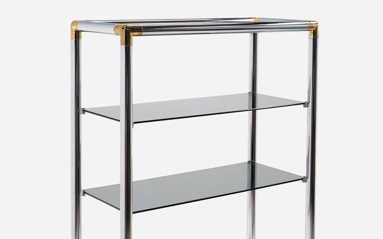 American Storage / Display Etagere in Chrome and Brass with Smoked Glass Shelves For Sale