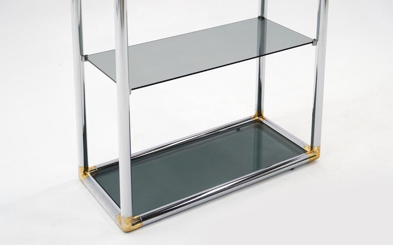 Storage / Display Etagere in Chrome and Brass with Smoked Glass Shelves In Good Condition For Sale In Kansas City, MO