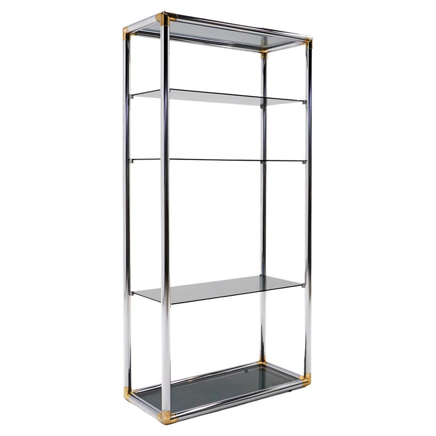 Storage / Display Etagere in Chrome and Brass with Smoked Glass Shelves For  Sale at 1stDibs