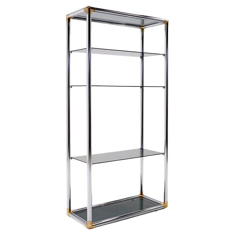 Storage / Display Etagere in Chrome and Brass with Smoked Glass Shelves For Sale