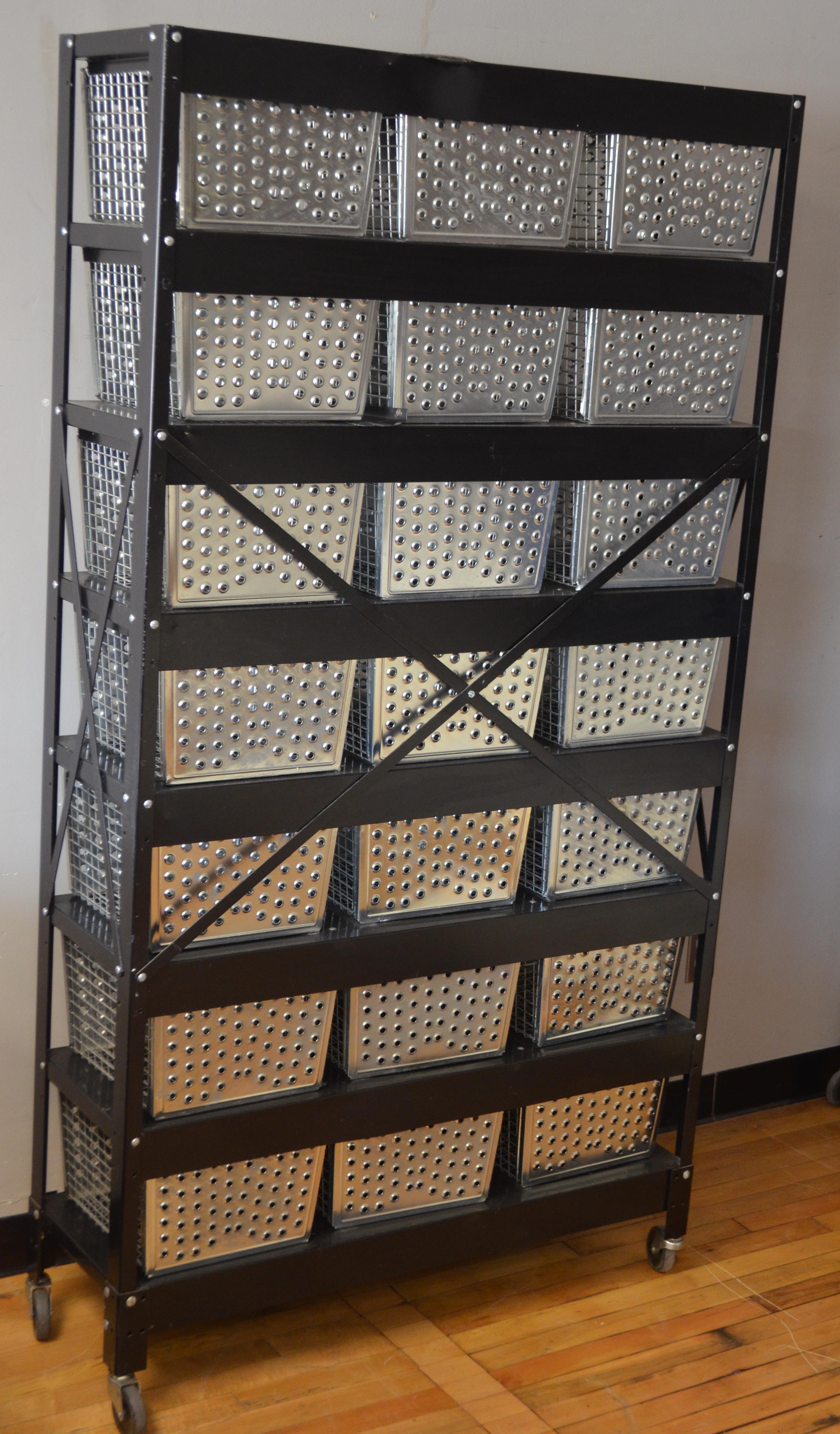 Industrial Storage Unit of 21 Swim Locker Wire Baskets on Wheeled Steel Rack For Sale