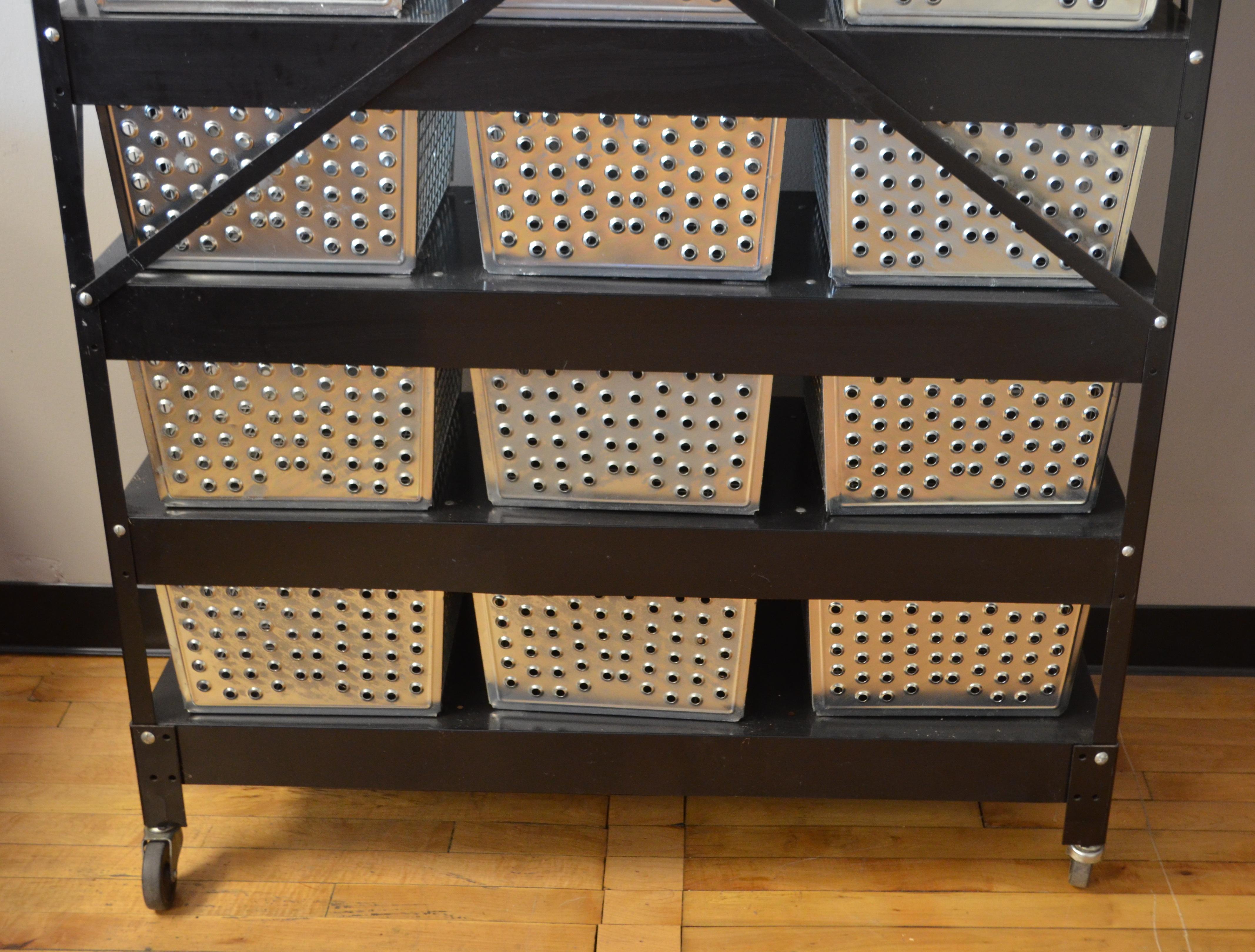 Late 20th Century Storage Unit of 21 Swim Locker Wire Baskets on Wheeled Steel Rack For Sale