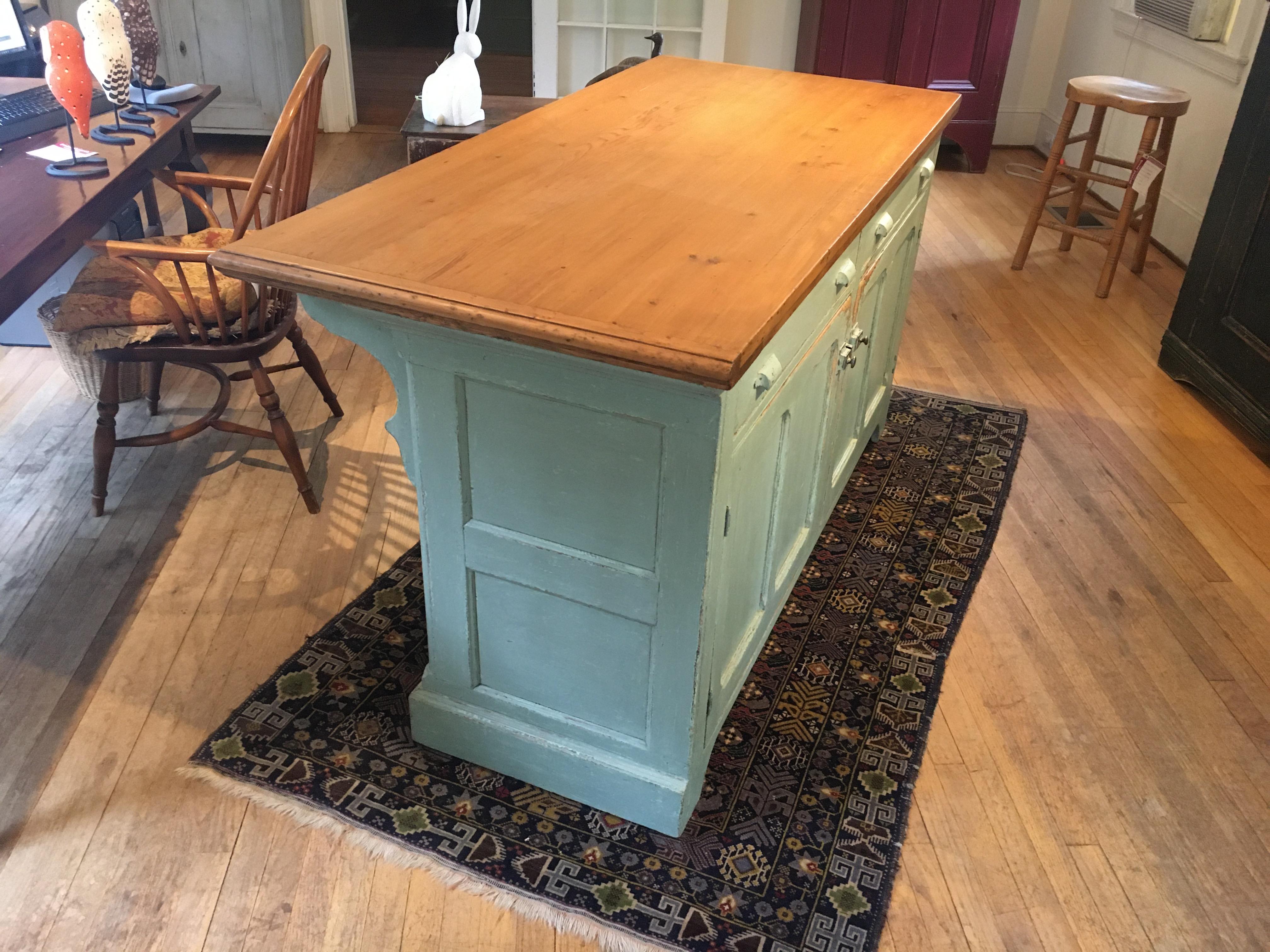 Pine, circa reproduction, this is one of many store counters designed by well known Quebec City architect. Our dealer outside Quebec City uses entirely old wood and hardware to make a perfectly-proportioned center island for a kitchen. The generous