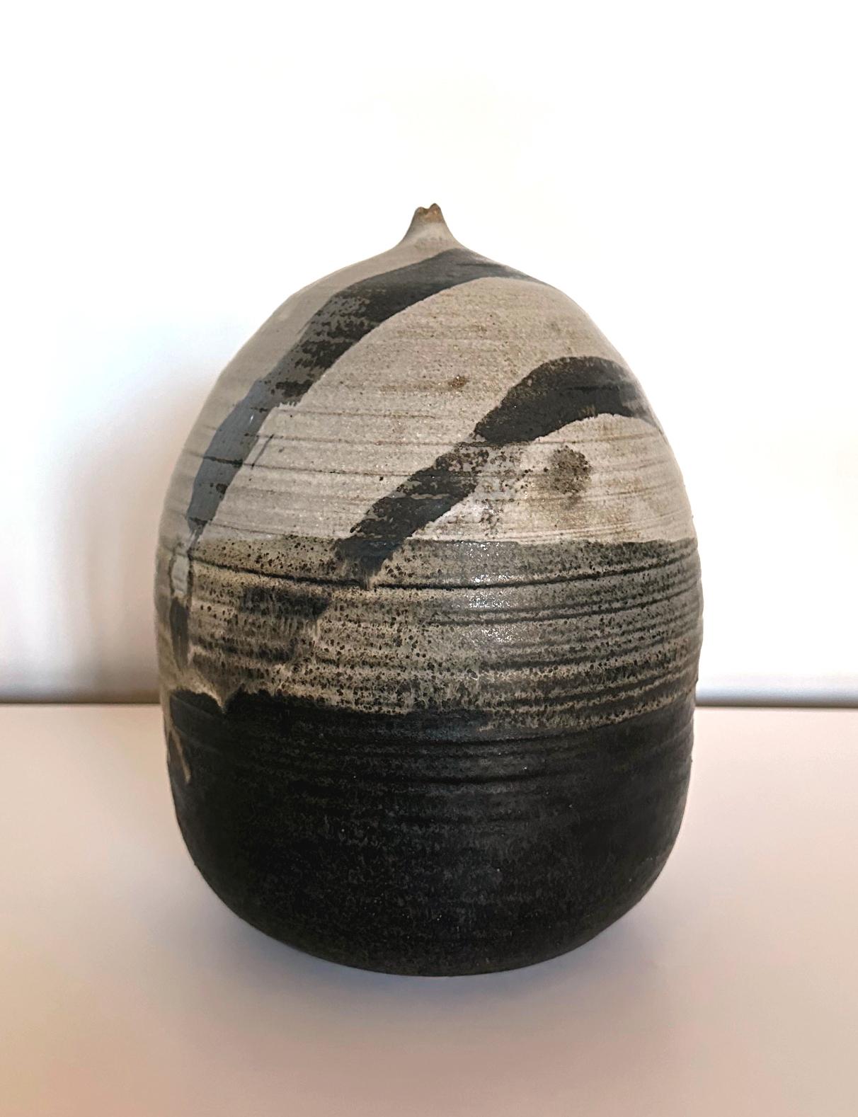 Modern Important Storied Tall Ceramic Pot with Rattle and Fingerprints Toshiko Takaezu For Sale