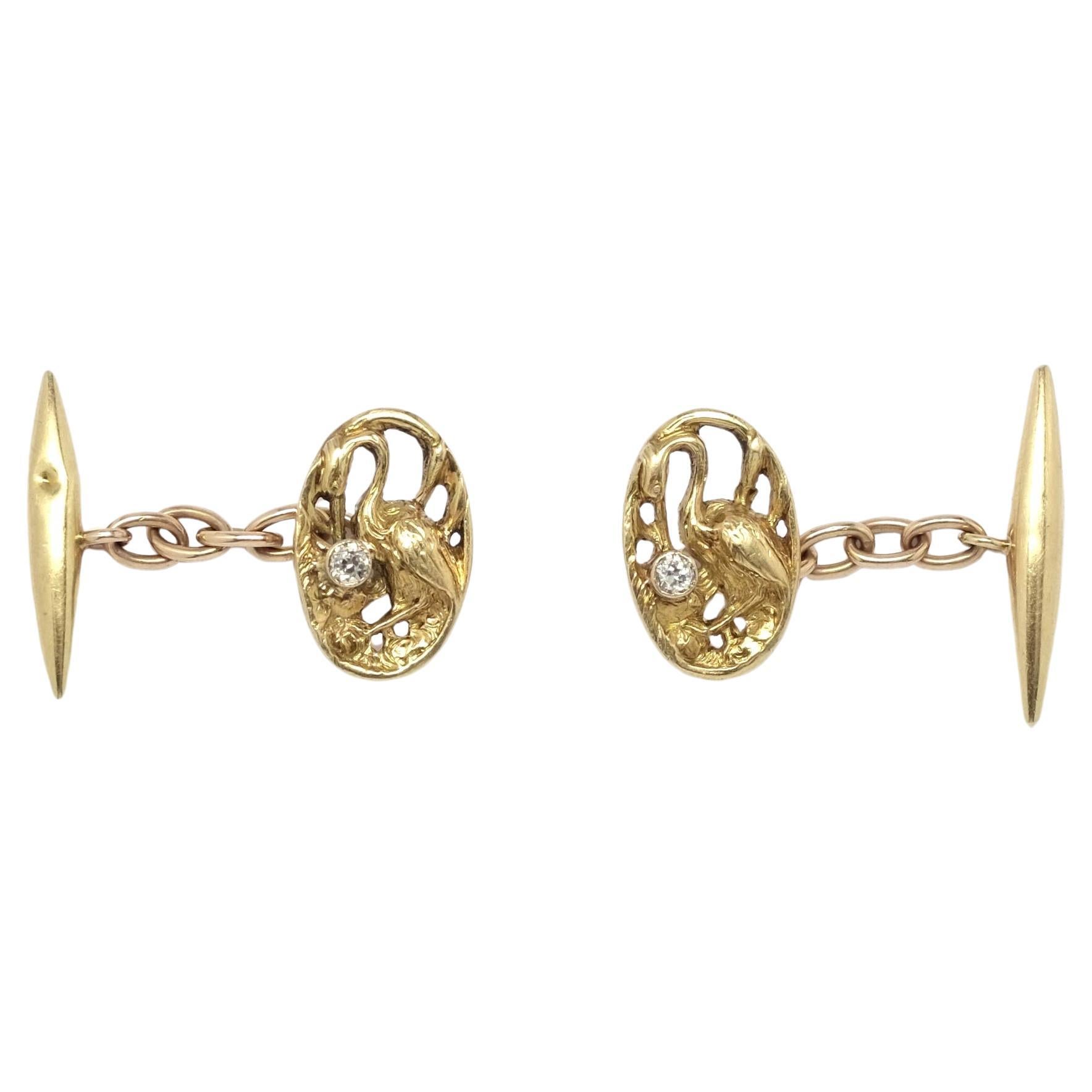 Stork gold and diamond cufflinks For Sale