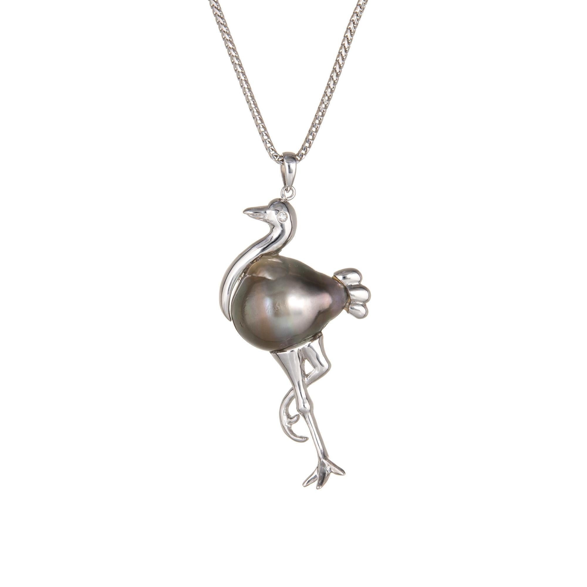 Uncut Stork Pendant & Necklace Baroque Pearl Diamond Vintage 14 Karat White Gold Bird For Sale