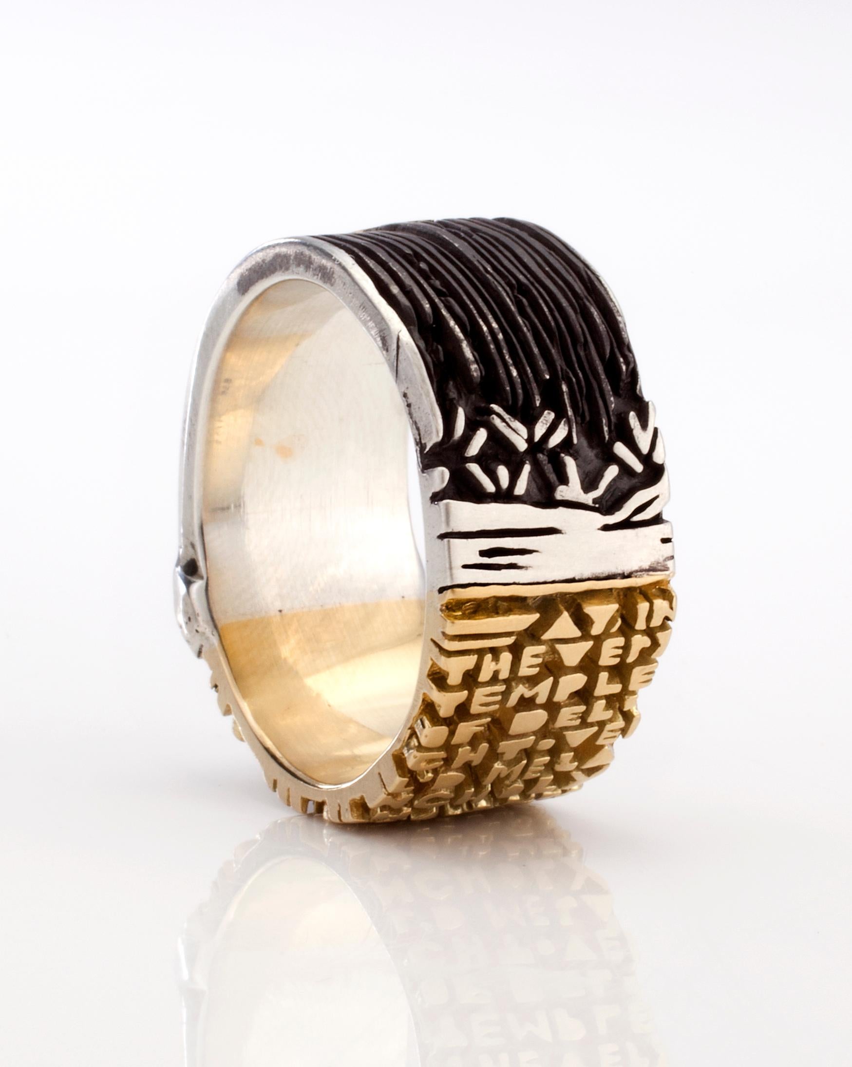 Storm ring (narrow) in sterling silver, blackened silver and 18-karat gold. Designed and made by Anne Fischer, 2013. (Size 7.5, available for custom order).
  