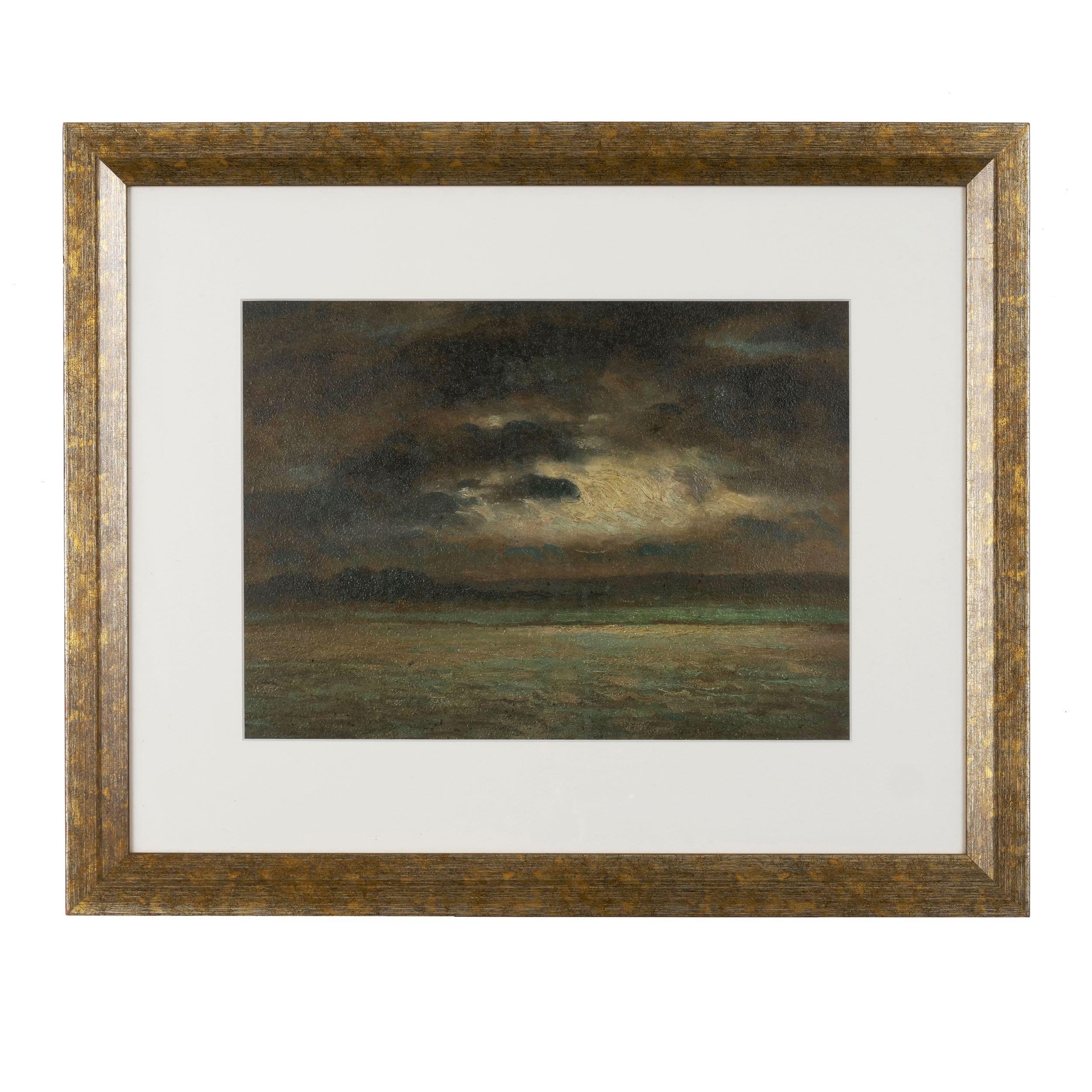 A gorgeous little Barbizon School painting of a stormy sky as it blocks the sun from a distant landscape behind the ripples of the ocean. The intricate little brush strokes mix a rich palette of low-saturation colors over the heavy artist paper. It