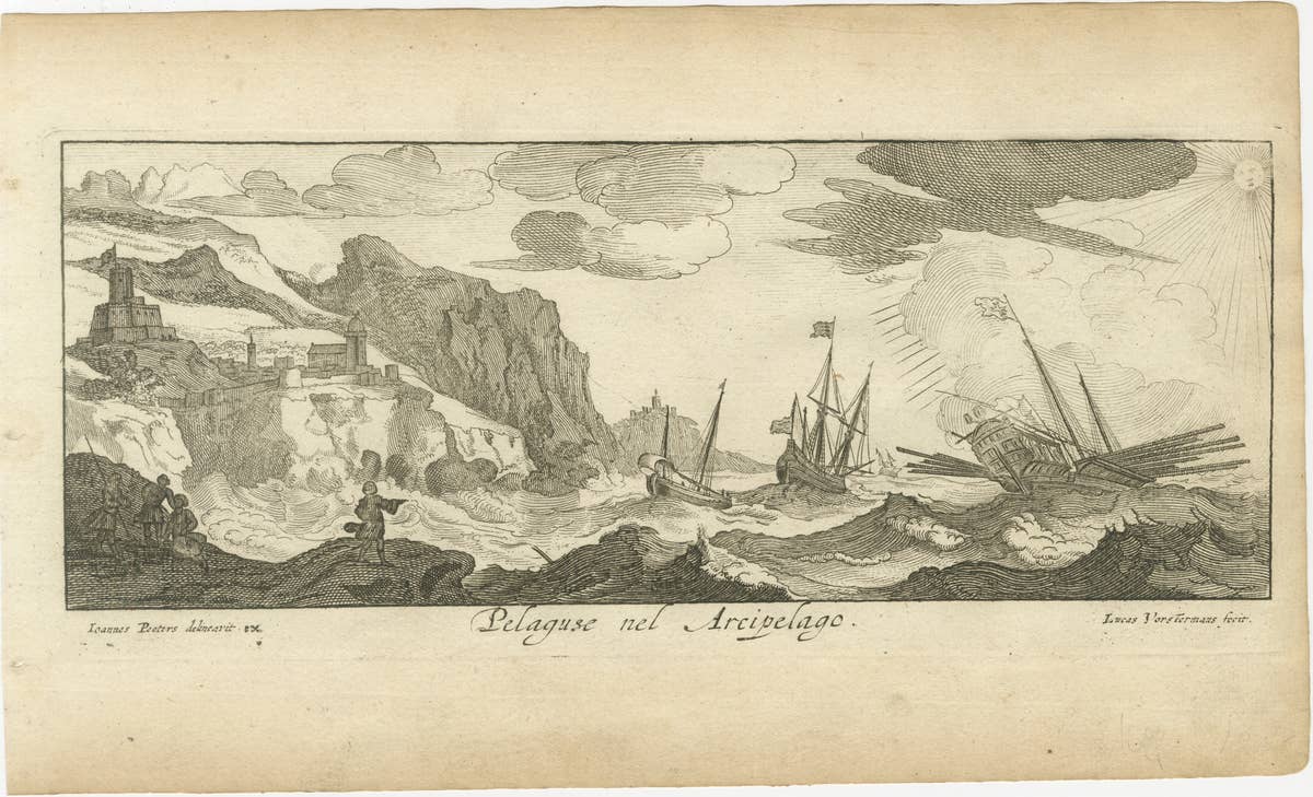 Stormy Scene in the Aegean Archipelago with Coastal Fortifications, circa 1680