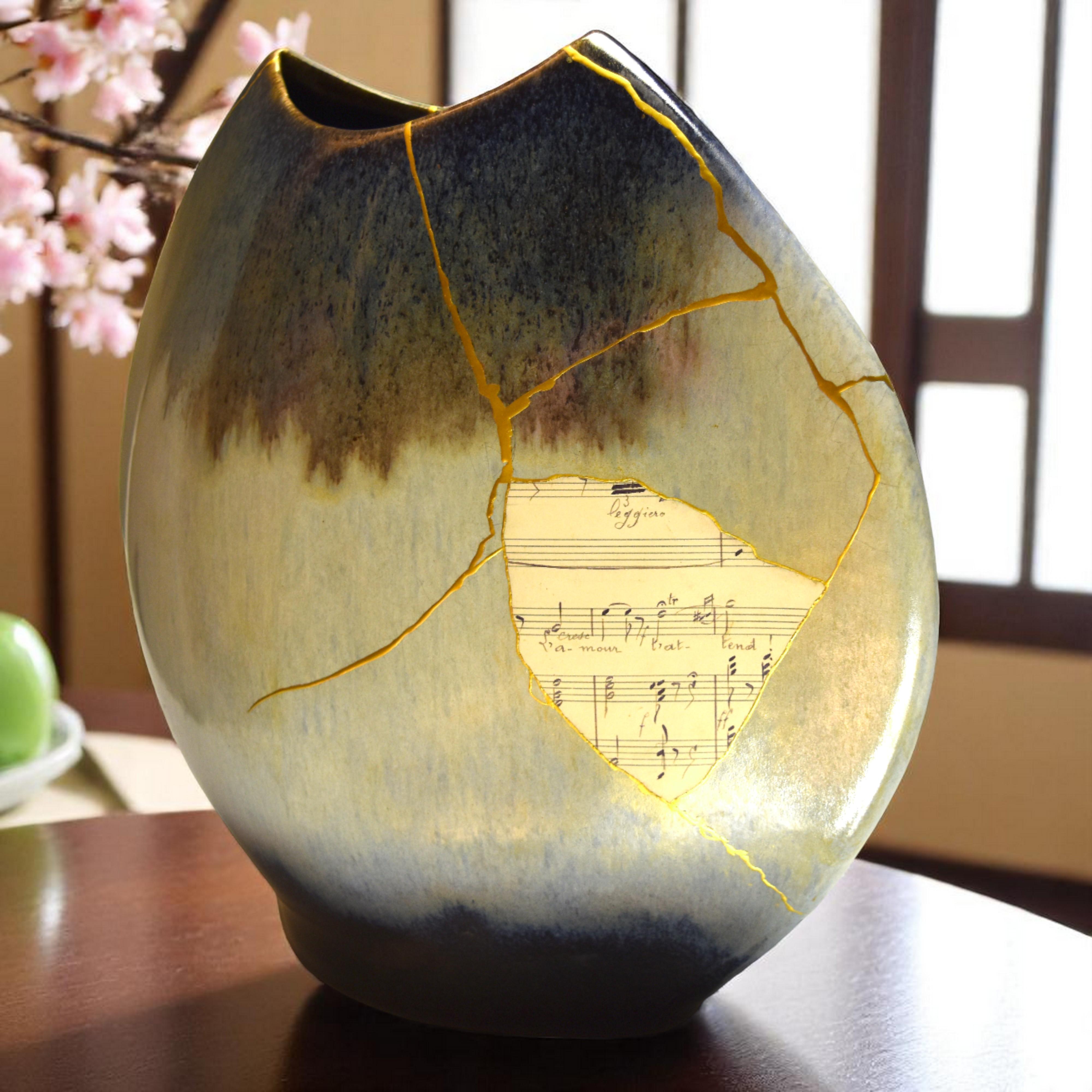 XXI secolo e contemporaneo Vaso in gres Stormy Sky, Opera Love Quote Kintsugi in vendita