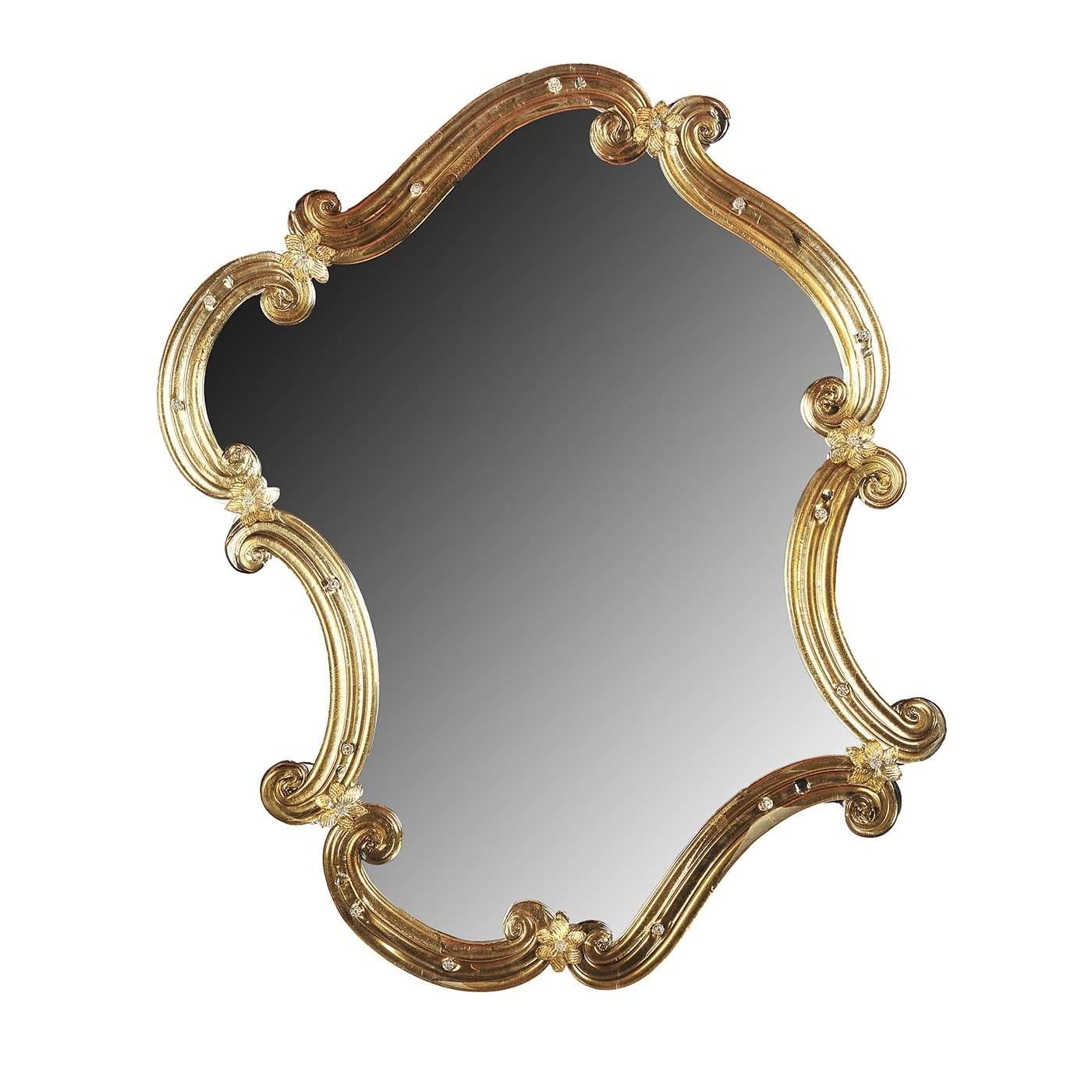 A stunning decorative accent and a superb work of art that will infuse an elegant interior with lavish sophistication, this mirror is part of the Storti collection, distinctive for the asymmetric and sinuous shape of their frames. Entirely crafted
