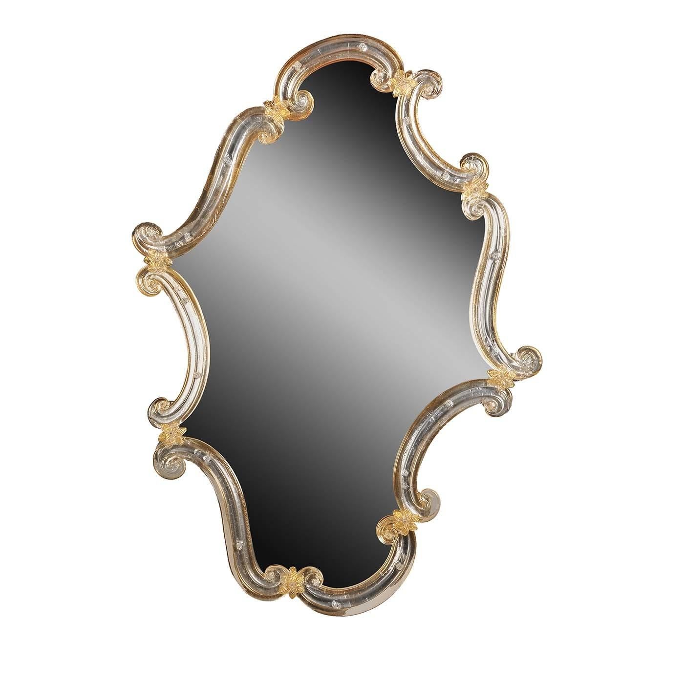 This superb mirror is part of the Storti collection, from the Italian word for bent, hinting at the sinuous frame that graces its asymmetric silhouette. The frame, crafted of mouth-blown Murano glass, features a striking texture and a silver finish