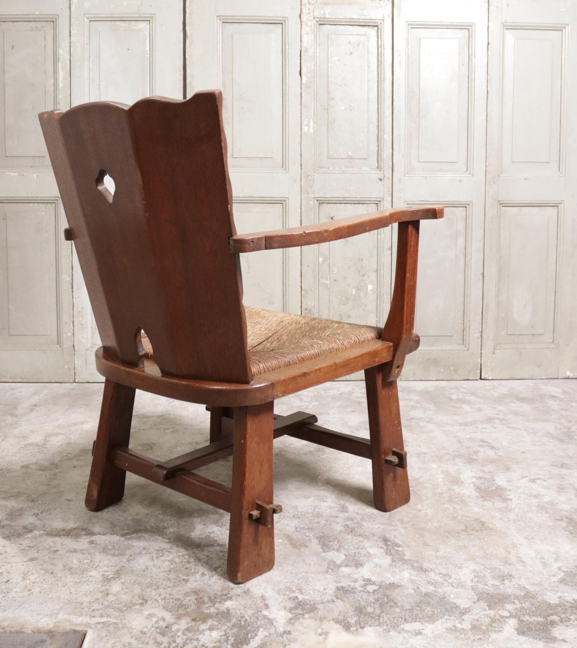 Mid-20th Century Story Book Dutch Brutalist Wabi Sabi Oak and Rush Fire place Lounge Chair