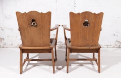 Story Book Pair of Dutch Brutalist Oak and Rush Throne-Like Lounge Chairs