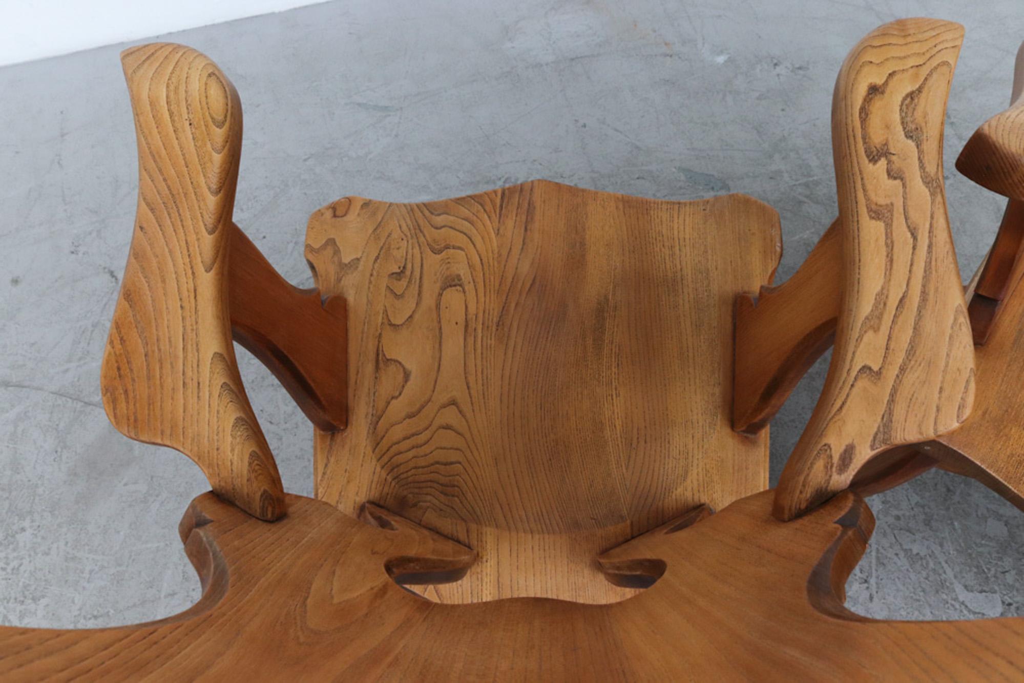 Story Book Pair of French Brutalist Carved Oak Throne-Like Chairs 11
