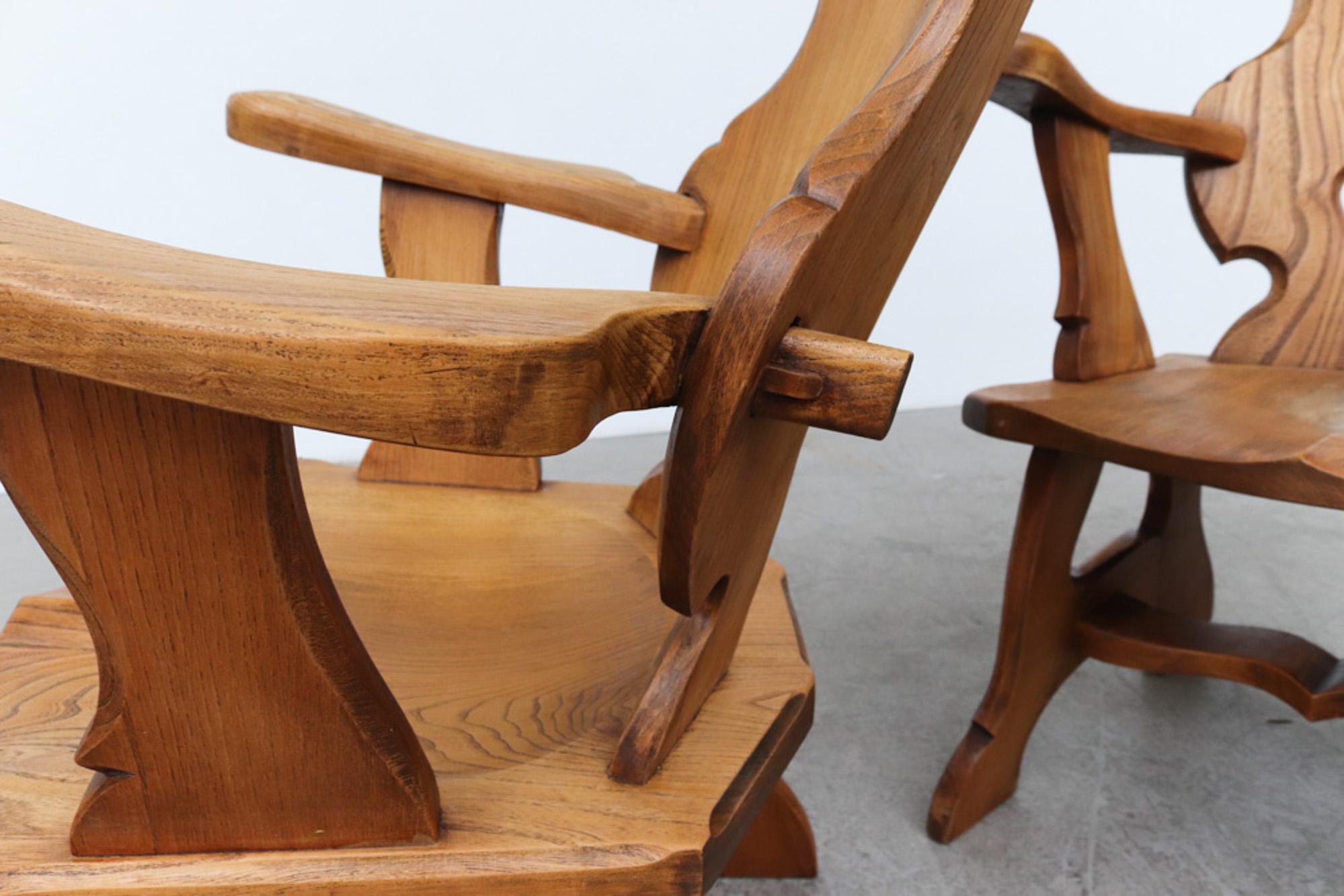 Story Book Pair of French Brutalist Carved Oak Throne-Like Chairs 12